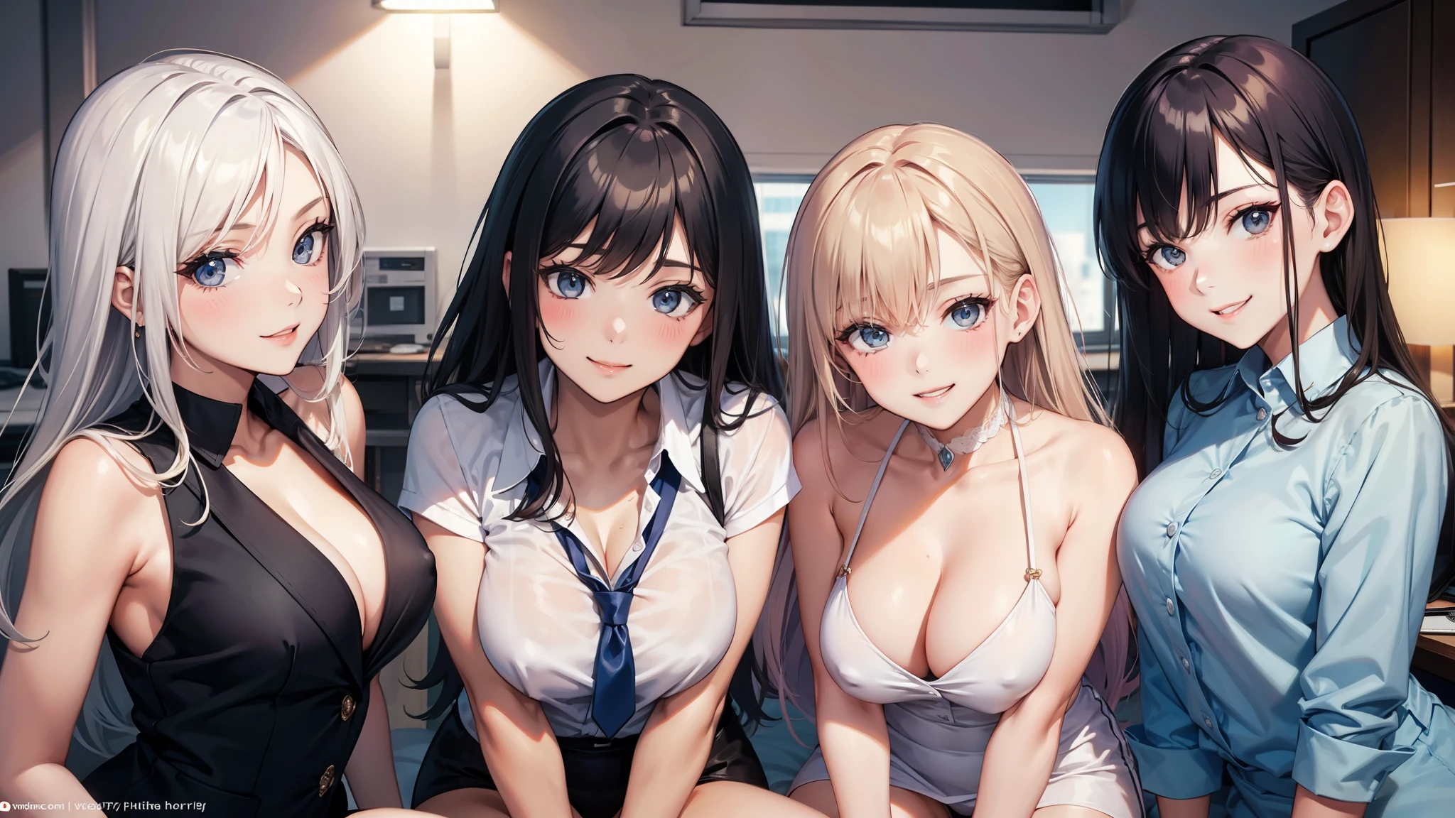 four sexy women looking at camera, flirtatious smiles, on bed, office ladies outfits, portrait