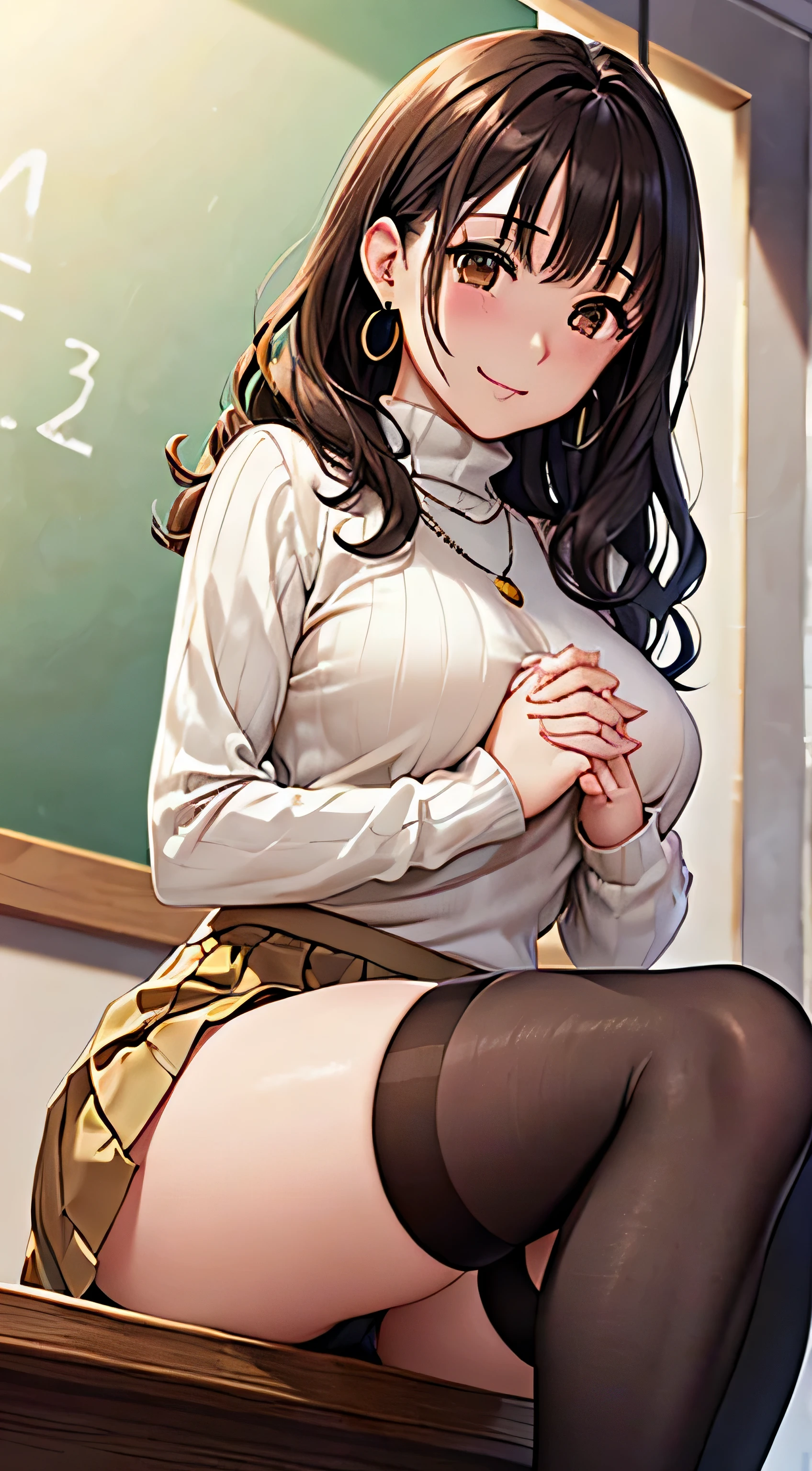 (table top, highest quality, High resolution, , perfect pixel, 4k,), 1 girl, single, alone, Beautiful woman、I could see the whole body、 ((wavy middle hair, bangs, brown hair)), ((brown eyes, beautiful eyelashes, realistic eyes)), ((detailed face, blush:1.2)), ((smooth texture:0.75, realistic texture:0.65, realistic:1.1, Anime CG style)), medium breasts, dynamic angle, perfect body, ((, female teacher, , earrings、necklace、turtleneck sweater、beige flared skirt、black knee high stockings、open both legs wide、、shy smile)), upper grade、、、evening、sit at desk、You can see the light blue lace panties、(、(close your chest with both hands)、angle from below)、