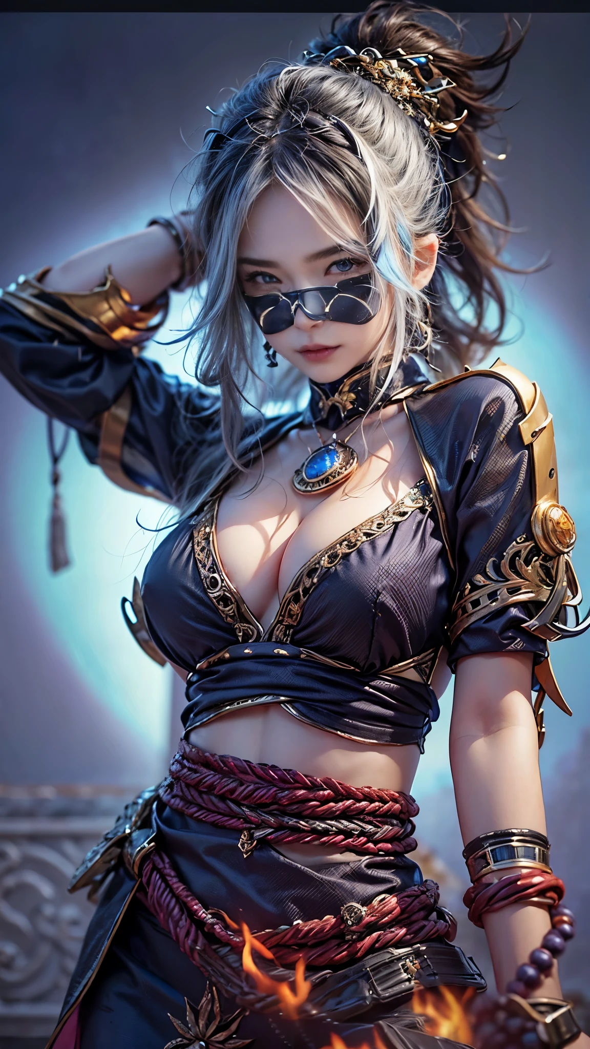 (RAW shooting, Photoreal:1.5, 8k, highest quality, masterpiece, ultra high resolution), Sengoku, fire事, いたるところで燃え上がる戦fire:1.3, perfect dynamic composition:1.2, Highly detailed skin and facial textures:1.2, Slim female ninja with a sharp dagger:1.3, Fight:1.2, beautiful and aesthetic:1.2, sexy beauty, perfect style, wear elaborate rings, fire, water, Wind, thunder, ice, Fair skin, very beautiful face, (Medium chest, Chest gap), (embarrassing smile, The expression on your face when you feel intense caress, Facial expression when feeling pleasure), (wearing a sexy ninja costume:1.2, off shoulder:1.1), (beautiful blue eyes, Eyes that feel beautiful eros:0.8), (Too erotic:0.9, Bewitching:0.9), full body shot