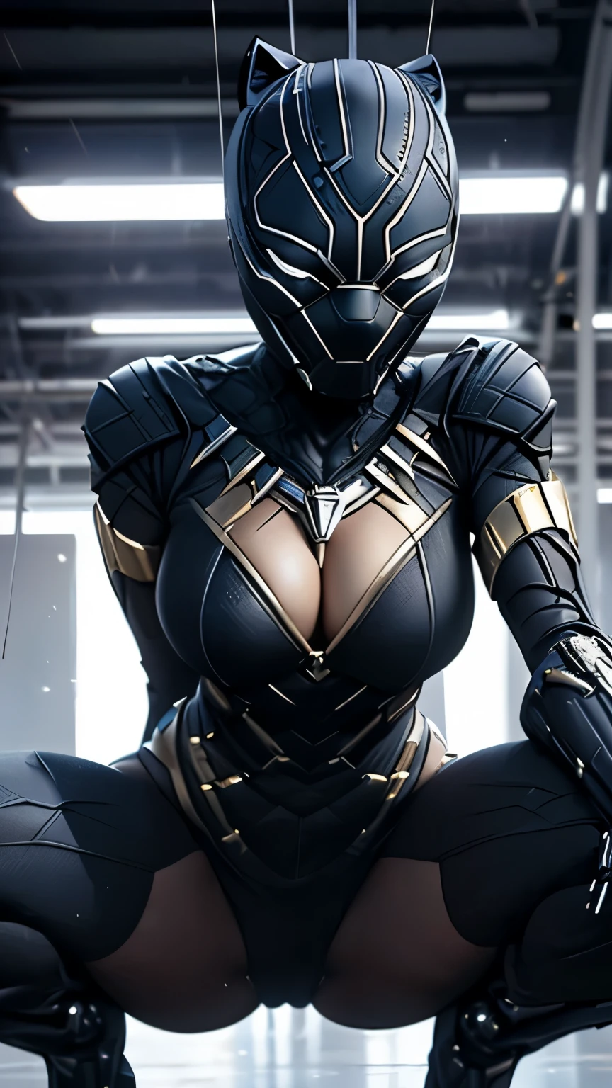 ((Marvel's Black Panther costume, based on the costumes from the Marvel films, very detailed and vivid costume)), (masterpiece), (ultra detailed), cinematic, (8k resolution, ultra realistic, ultra hd), (extremely detailed and technological), certain parts of the costume are illuminated with energy, Abstract expressionism painting "Hyperion", colorful image, neon. (Sexy Black Panther Goddess, technological armor, Cybernetic, micro swimsuit armor showing the pussy, tucked in, stuck in the ass), epic technological image, epic posture, legendary, crouched posture like a cat, flexible body, sexy spread legs. dark environment, art in Africa, digital painting, conceptual art portrait of the character, (sexy female body with curves, tall and thin super model body, (She is a super heroine who hides her identity), wearing a black panther mask, the costume has saber tooth rushes, sharp panther claws), glowing robotic eyes, neon eyes, Cybernetic, gold details, metallic. ((her cleavage is impressive, very open, (extremely long and beautiful natural breasts, large, breasts popping out of the cleavage, long nipples showing), (Get close to emphasize the beautiful cleavage, close-up on the hanging natural breasts, breasts showing)), close-up, pay close attention to the entire black panther costume, hot panther protruding, sexiest of all, hentai, naughty. I want black panther costume and mask Super detailed cybernetic, brilliant details on the costume.