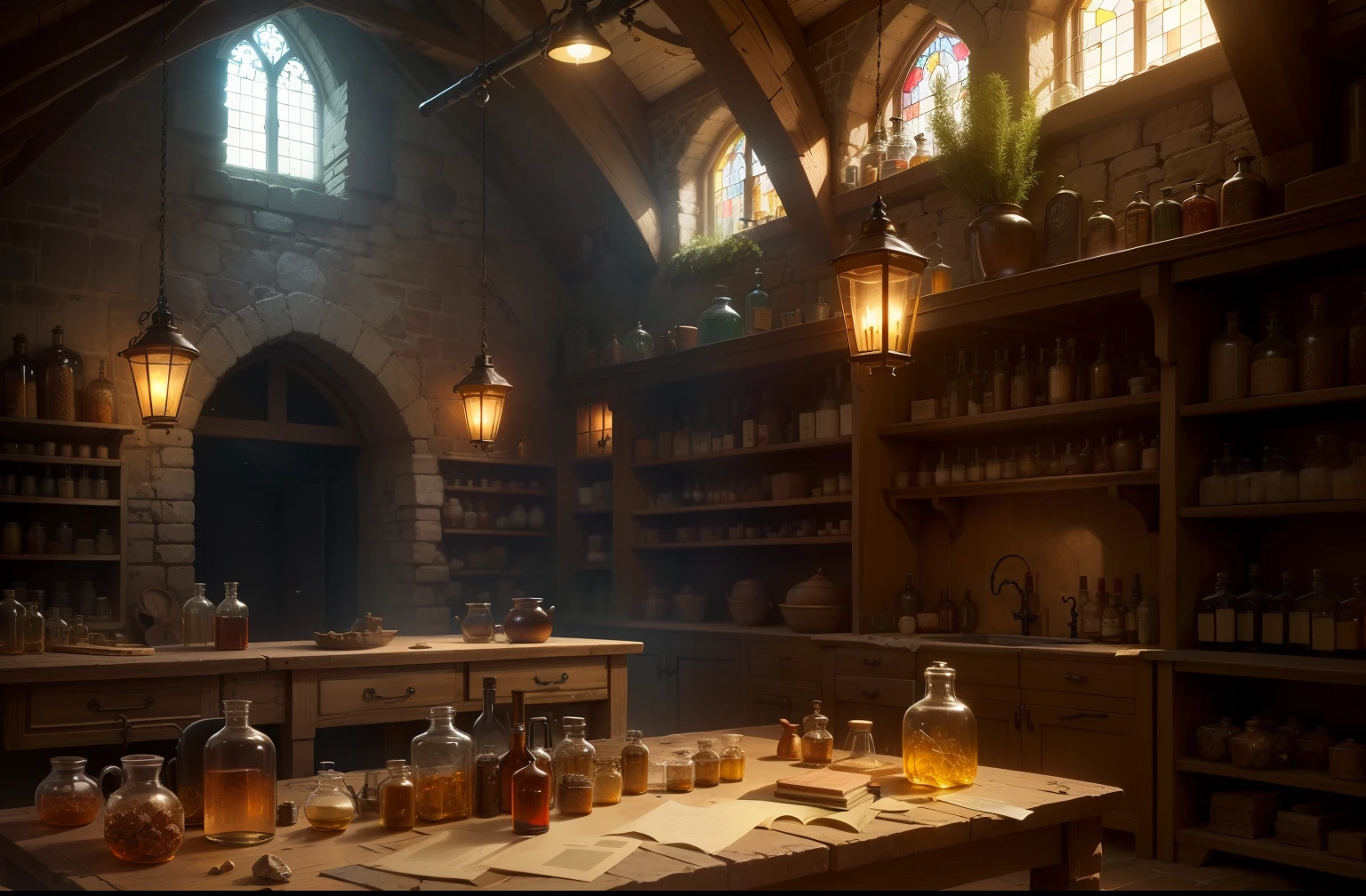 wizard&#39;s workshop, vaulted stone roof, stained glass panels, shelves with potions in bottles and jars, some kind of faint glow, work table with a complex distillation mechanism, distribution of dried herbs, strange stones, parchments, magic, fantasy