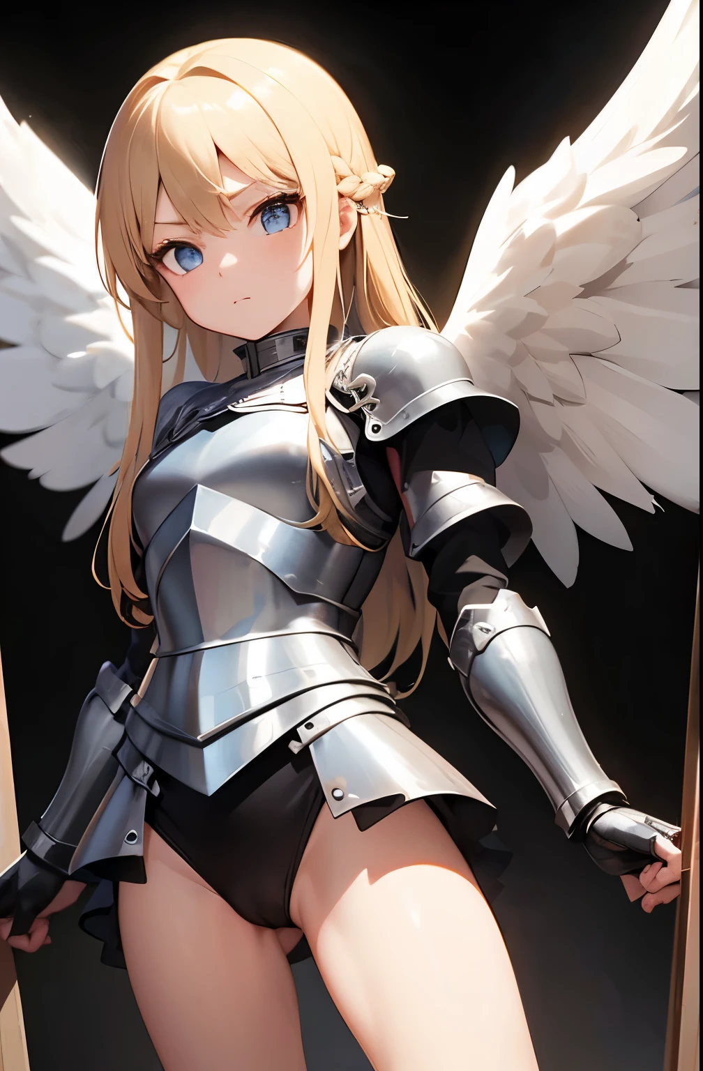 Ultra realistic   girl 8 ,    body  , long blonde hair frinje braided , knight armour medieval ,  seios  planos  , pantie  , menacing  face , angel wings  ,  dungeon  .