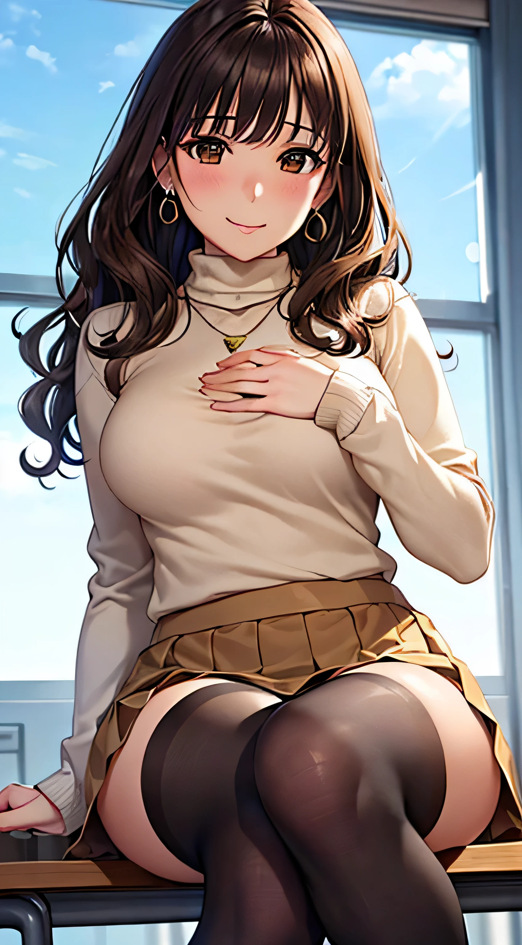 (table top, highest quality, High resolution, , perfect pixel, 4k,), 1 girl, single, alone, Beautiful woman、I could see the whole body、 ((wavy middle hair, bangs, brown hair)), ((brown eyes, beautiful eyelashes, realistic eyes)), ((detailed face, blush:1.2)), ((smooth texture:0.75, realistic texture:0.65, realistic:1.1, Anime CG style)), medium breasts, dynamic angle, perfect body, ((, female teacher, , earrings、necklace、turtleneck sweater、beige flared skirt、black knee high stockings、open both legs wide、、shy smile)), upper grade、、、evening、sit at desk、You can see the light blue lace panties、(、(close your chest with both hands)、angle from below)、