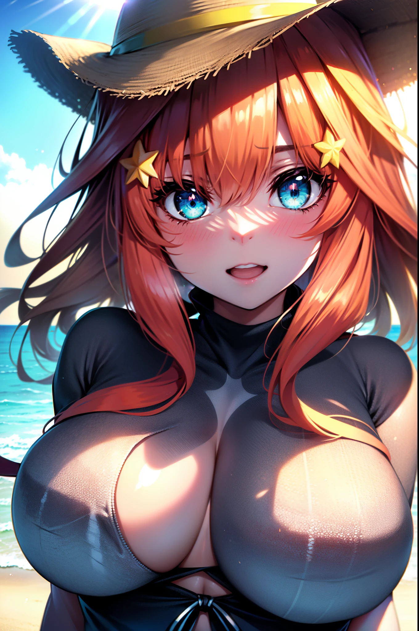itsukinakano, Itsuki Nakano, bangs, blue eyes, hair between eyes, Ahoge, redhead, star \(symbol\), hair ornaments, star hair ornaments,blush,smiling straw hat,(beach salon), (beautiful big breasts:1.3), ((salon)), beach outfit, (great laugh:1.1), (open your mouth:1.1), (wide open eyes:1.2), glare of the sun, Bokeh, Depth of the bounds written, blurred background, particles of light, strong wind, (heart particles:1.1)
break outdoors, sandy beach,beach,
break (masterpiece:1.2), highest quality, High resolution, unity 8k wallpaper, (figure:0.8), (detailed and beautiful eyes:1.6), highly detailed face, perfect lighting, Very detailed CG, (perfect hands, perfect anatomy),