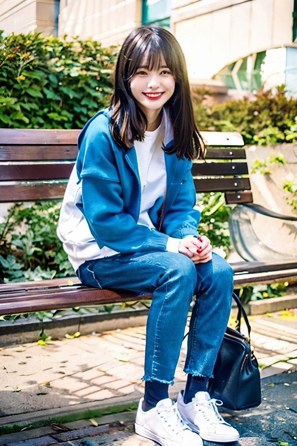 A neat and beautiful woman sitting on a park bench、hoodie、skinny denim、pumps、socks slightly visible through shoes、black hair、refreshing smile、smiling showing teeth、full body photo