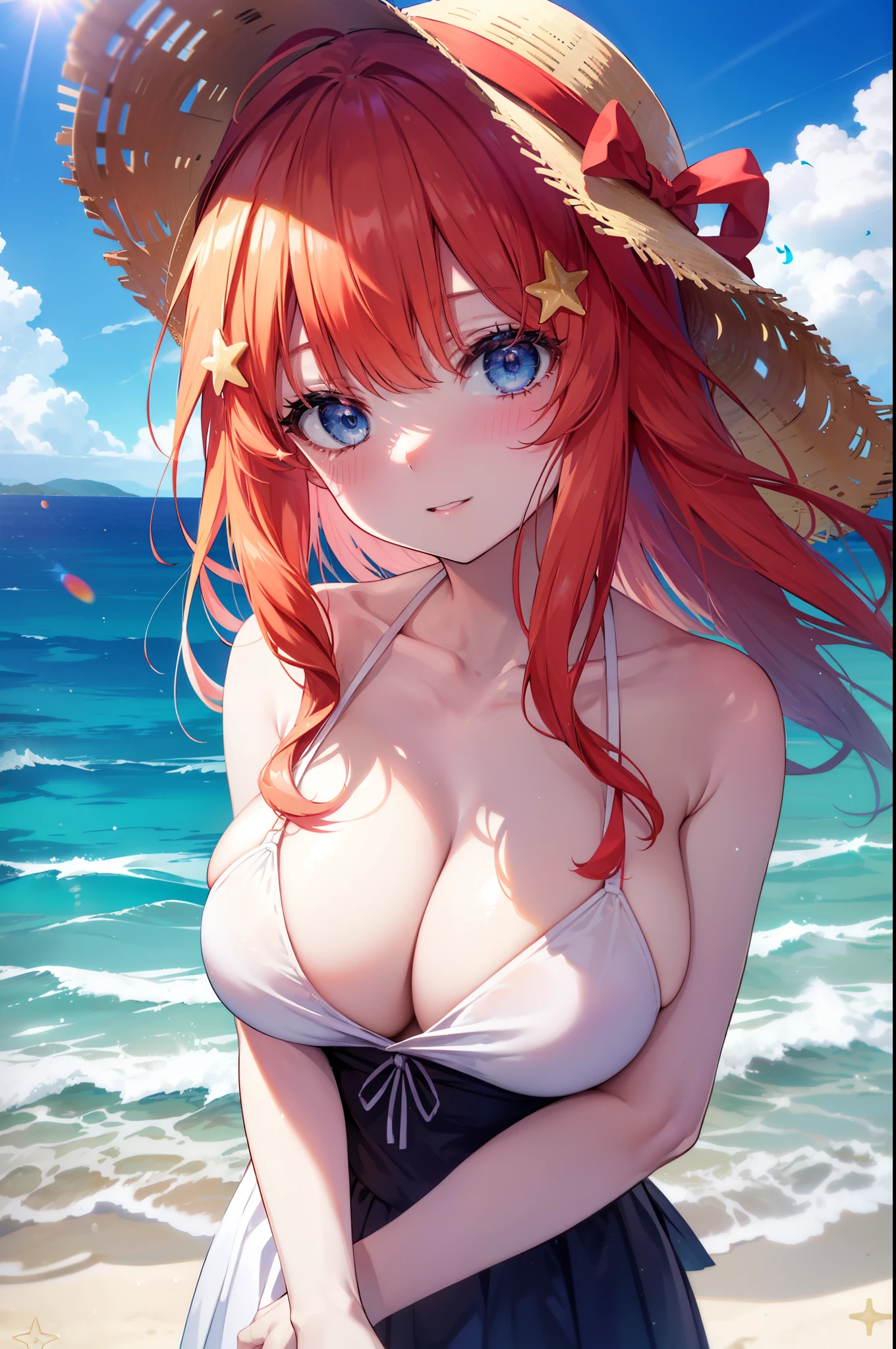 itsukinakano, Itsuki Nakano, bangs, blue eyes, hair between eyes, Ahoge, redhead, star \(symbol\), hair ornaments, star hair ornaments,blush,smiling straw hat,(beach salon), (beautiful big breasts:1.3), ((salon)), beach outfit,  (great laugh:1.1), (open your mouth:1.1), (wide open eyes:1.2), glare of the sun, Bokeh, Depth of the bounds written, blurred background, particles of light, strong wind, (heart particles:1.1),
break outdoors, sandy beach,beach,
break (masterpiece:1.2), highest quality, High resolution, unity 8k wallpaper, (figure:0.8), (detailed and beautiful eyes:1.6), highly detailed face, perfect lighting, Very detailed CG, (perfect hands, perfect anatomy),