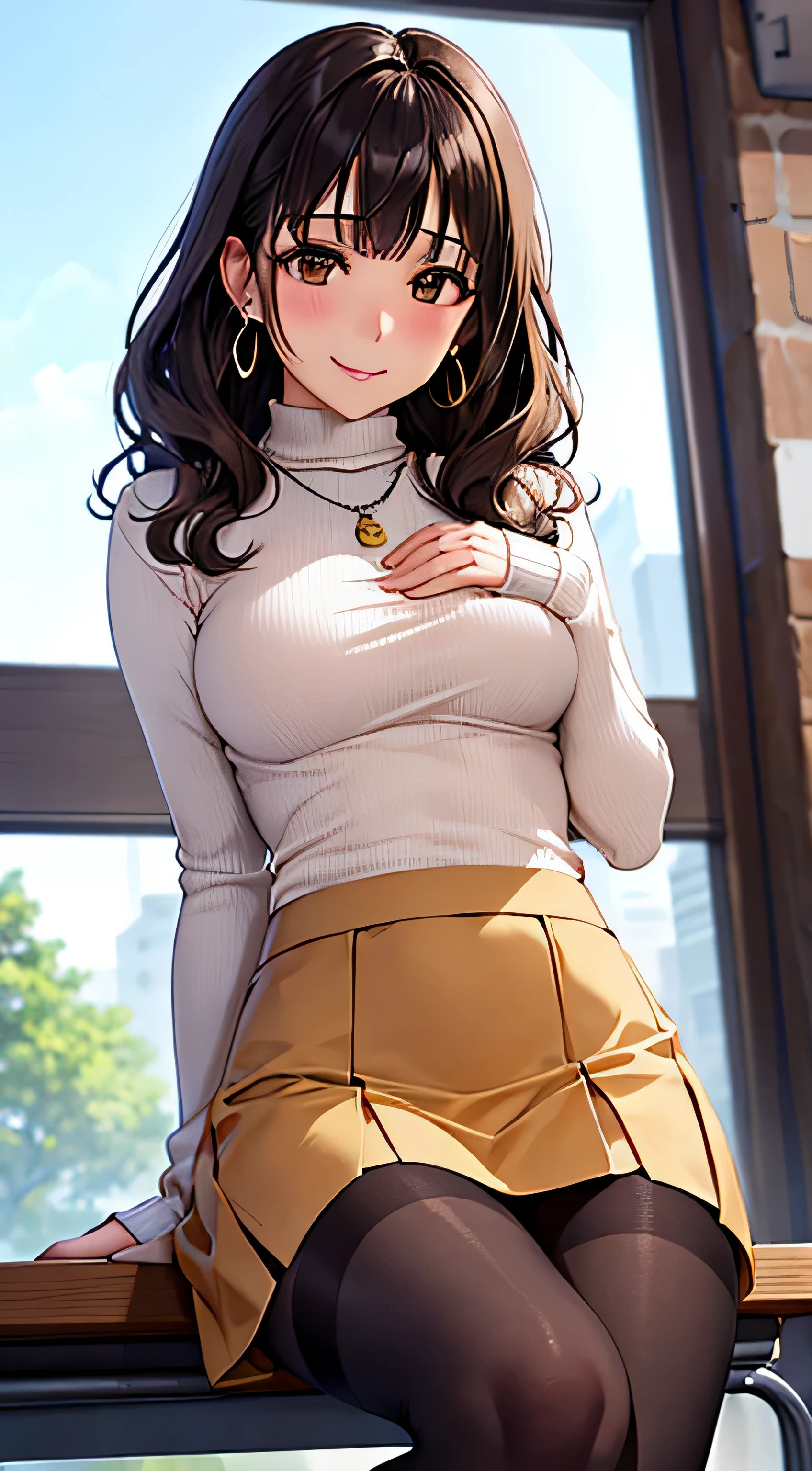 (table top, highest quality, High resolution, , perfect pixel, 4k,), 1 girl, single, alone, Beautiful woman、I could see the whole body、 ((wavy middle hair, bangs, brown hair)), ((brown eyes, beautiful eyelashes, realistic eyes)), ((detailed face, blush:1.2)), ((smooth texture:0.75, realistic texture:0.65, realistic:1.1, Anime CG style)), medium breasts, dynamic angle, perfect body, ((, female teacher, , earrings、necklace、turtleneck sweater、beige flared skirt、black knee high stockings、open both legs wide、、shy smile)), upper grade、、、evening、sit at desk、You can see the light blue lace panties、(、(close your chest with both hands)、angle from below)、