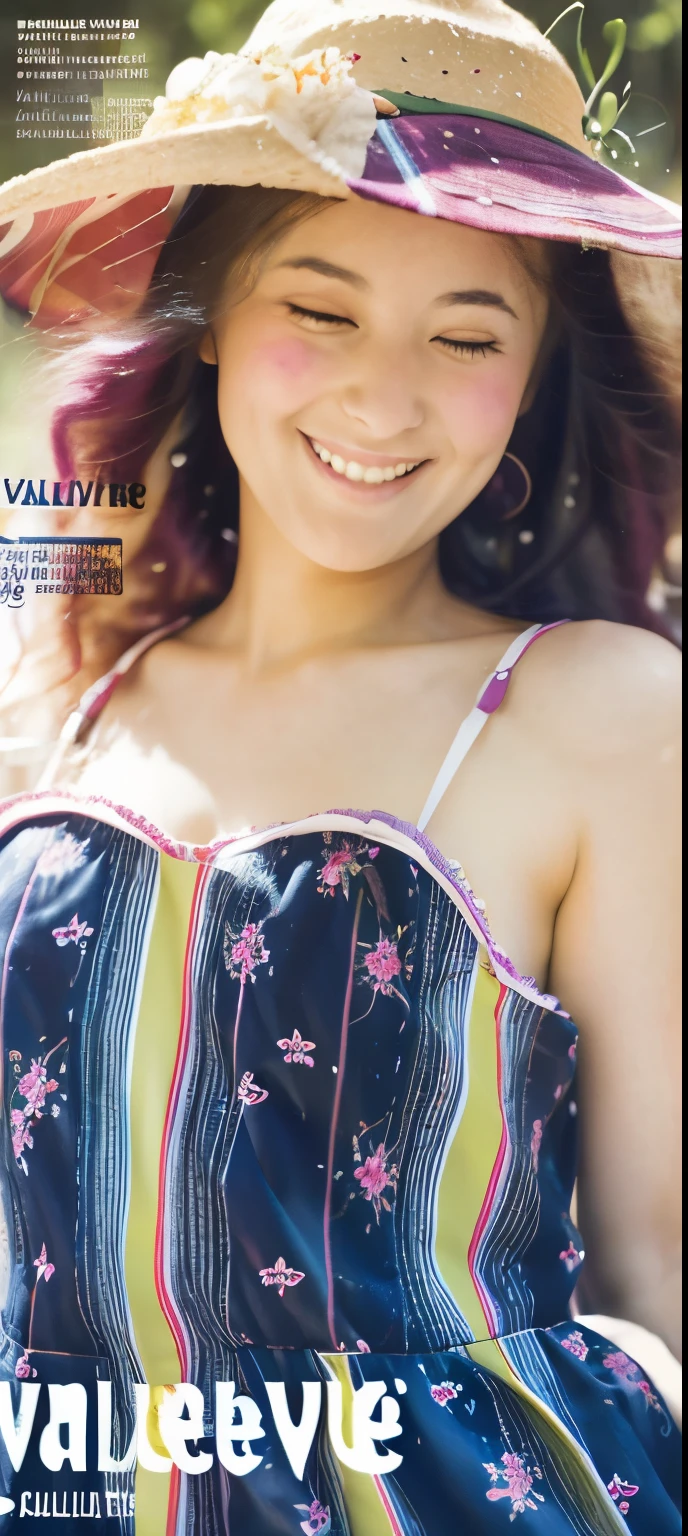 masterpiece, highest quality, Happy beautiful girl, Beautiful smile,spring clothes, colorful hair, outdoors, portada de magazine, (magazine : "Valerieu": 1.7), Upper body, spring light