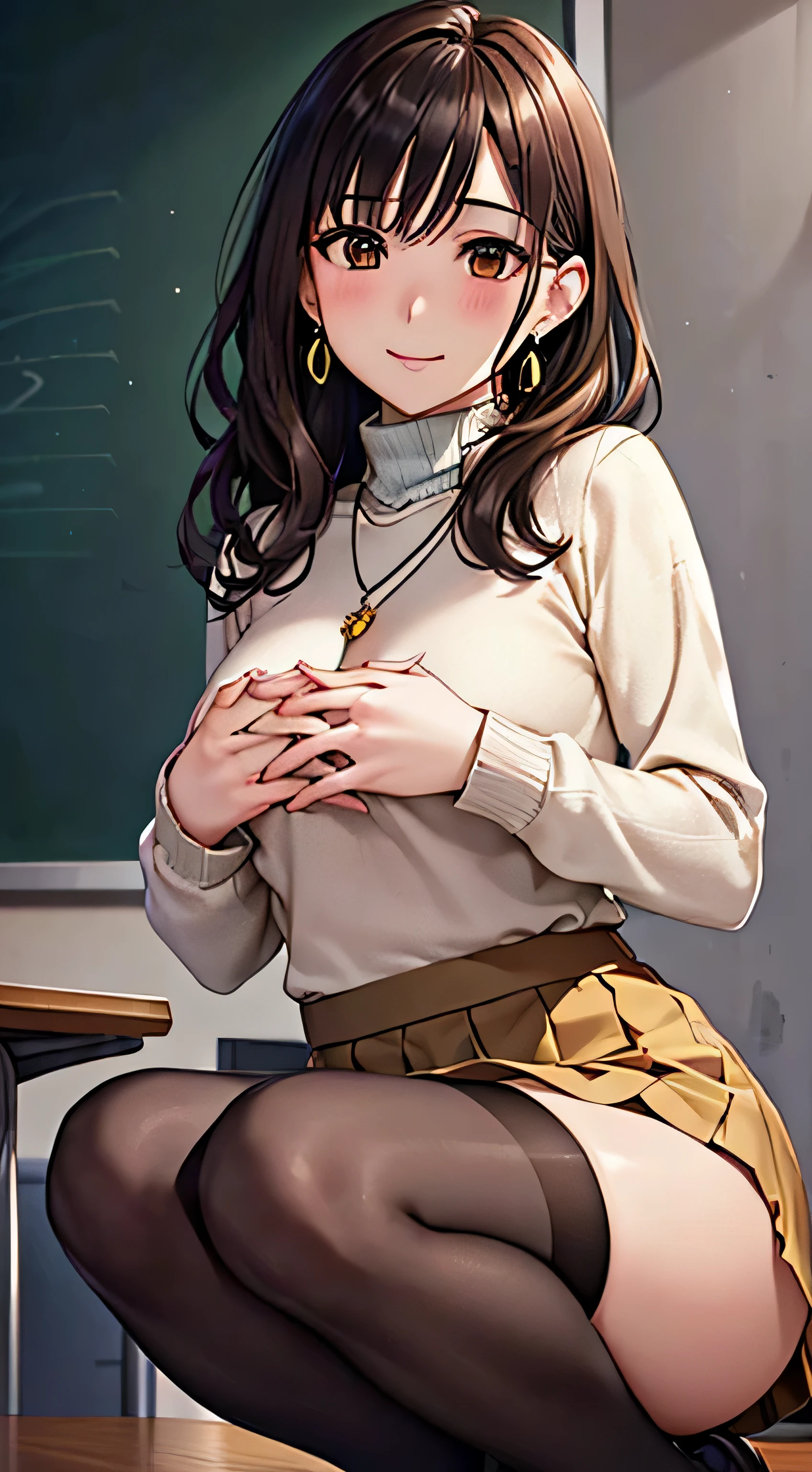 (table top, highest quality, High resolution, , perfect pixel, 4k,), 1 girl, single, alone, Beautiful woman、I could see the whole body、 ((Wavy mid-hair, bangs, brown hair)), ((brown eyes, beautiful eyelashes, realistic eyes)), ((detailed face, blush:1.2)), ((smooth texture:0.75, realistic texture:0.65, realistic:1.1, Anime CG style)), medium breasts, dynamic angle, perfect body, ((, female teacher, , earrings、necklace、turtleneck sweater、beige flared skirt、black knee high stockings、open both legs wide、get down on one knee、shy smile)), Upper 、、、evening、sit at desk、、(、(touch your chest with both hands、rub your chest)、angle from below)、