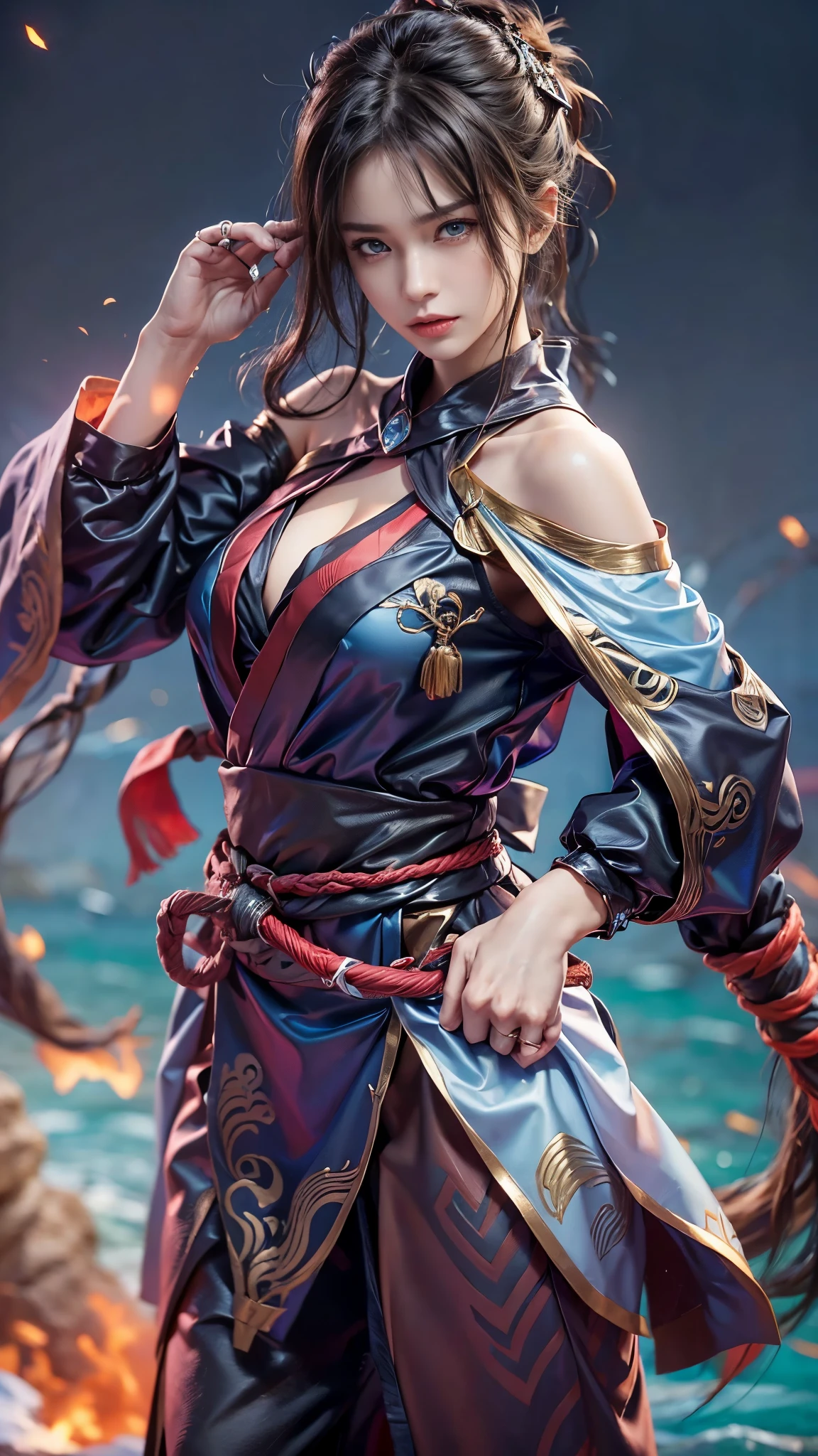 (RAW shooting, Photoreal:1.5, 8k, highest quality, masterpiece, ultra high resolution), Sengoku, fire事, いたるところで燃え上がる戦fire:1.3, perfect dynamic composition:1.2, Highly detailed skin and facial textures:1.2, Slim female ninja with a sharp dagger:1.3, Fight:1.2, beautiful and aesthetic:1.2, sexy beauty, perfect style, wear elaborate rings, fire, water, Wind, thunder, ice, Fair skin, very beautiful face, (Medium chest, Chest gap), (embarrassing smile, The expression on your face when you feel intense caress, Facial expression when feeling pleasure), (wearing a sexy ninja costume:1.2, off shoulder:1.1), (beautiful blue eyes, Eyes that feel beautiful eros:0.8), (Too erotic:0.9, Bewitching:0.9), full body shot