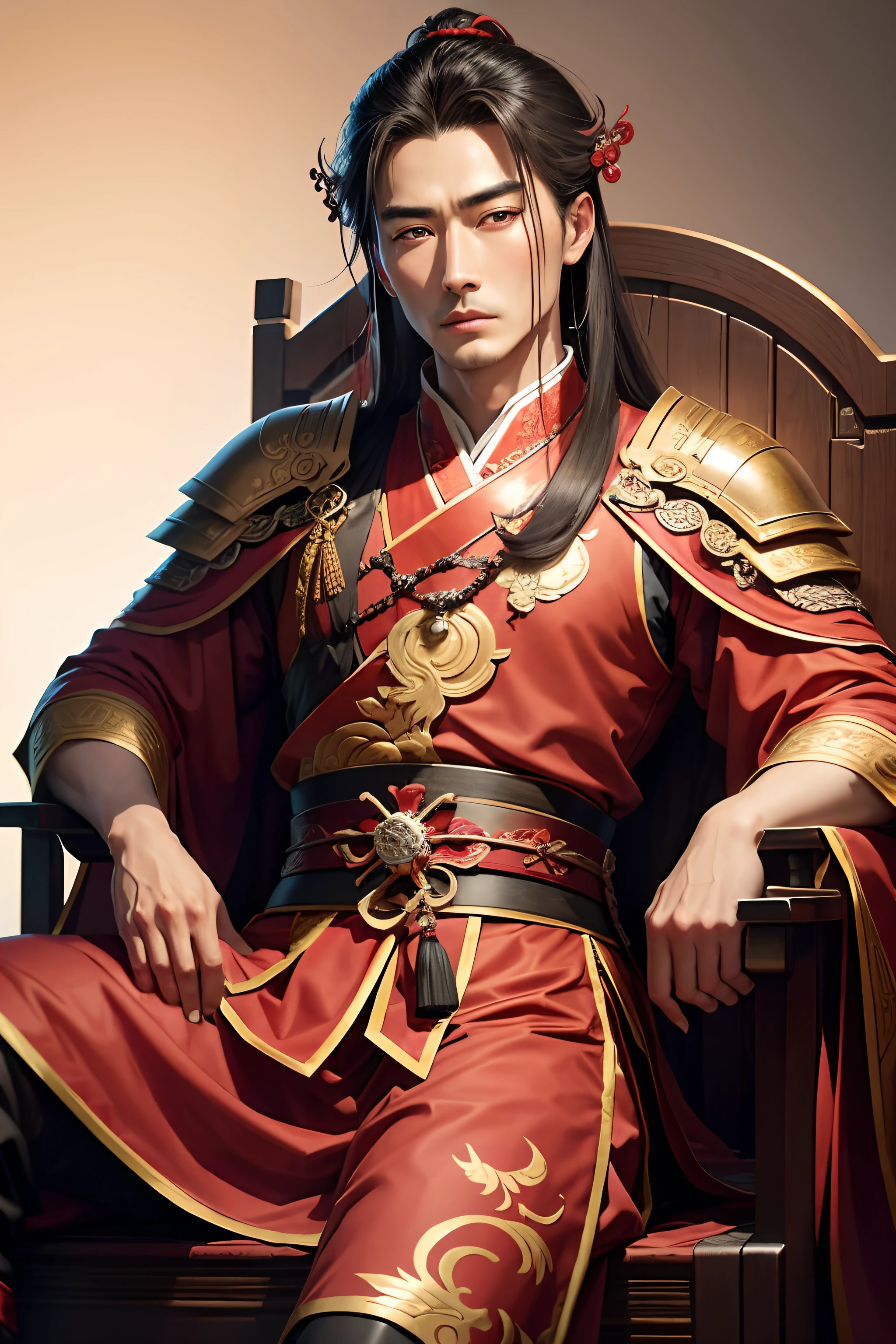 Homem Arafeld sentado em uma cadeira vermelha e preta, Zhao Yun, imperador real, from three kingdoms, historical drama, Inspirado por Seki Dosheng, inspirado em Zhu Derun, inspirado em Wu Bin, inspirado em Gu An, inspirado em Wu Daozi, Vestindo roupas chinesas antigas, Inspirado por Zhao Yuan, Xianxia