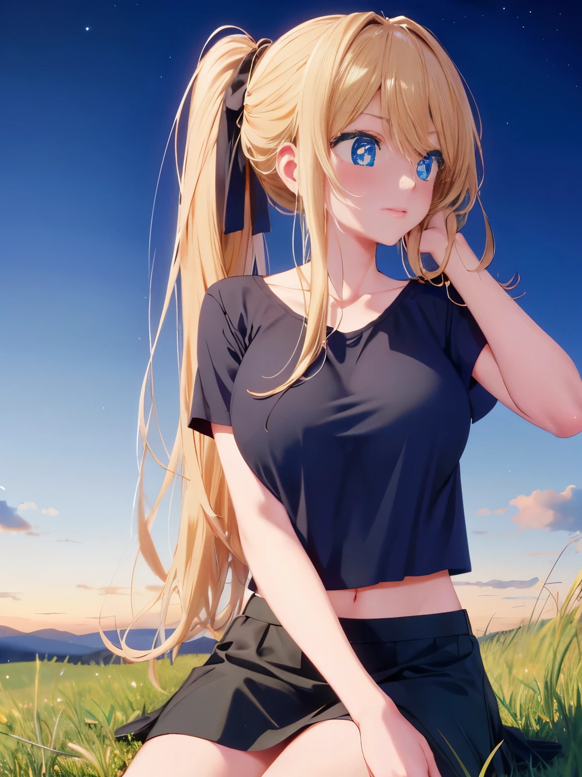 1woman,super beautiful,Sit,Hands pulling hair into a ponytail,grass hill, looking away,at night, beautiful moon, blush,half body photo,Focus on face,Beautiful eyes, very detailed face, HD face, perfect face,black t-shirt,black mini skirt,Very big breasts,Blonde hair,long hair,wavy hair,bangs,blue eyes,ultra detail,ultra Hd, masterpiece,4k