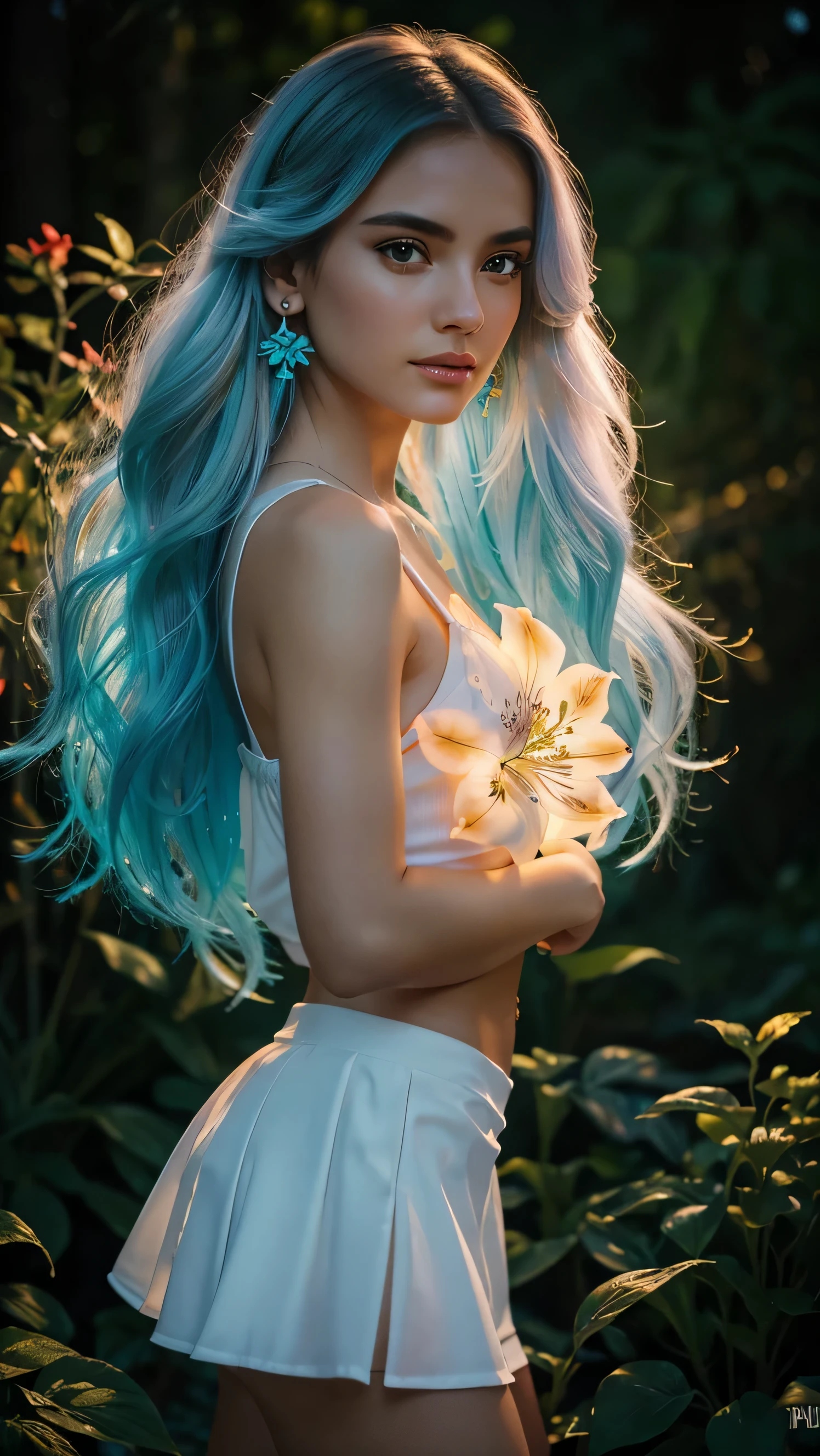 Beautiful realistic girl with BRIGHT WHITE-TURQUOISE long hair.... ,Close-up of clean skin with detailed skin ,full length,in a short miniskirt,on an orange background ,Against the background of the starry sky,bright makeup,EARRINGS WITH GLITTERS,two-leaf gray flower,translucent speckled bifoliate gray,Bioluminescent - Ultra High Quality 8K Music Equalizer, High contrast, rich colors, soft light, Super detailed photos. ultra high quality 8K, High contrast, noise reduction, яркие rich colors.. high quality, 8K Ultra HD, High contrasthigh quality,мягкие close focus,very beautiful flower, translucent red lily of the valley with dew drop flower, bioluminescent flower glows and shimmers, he grows in a mysterious forest, shrouded in mystery, Сверхhigh quality 8k, High contrast, rich colors, soft light, Ultra-detailed photos. Сверхhigh quality 8k, High contrast, noise reduction, bright rich colors.. high quality, 8K Ultra HD, High contrast