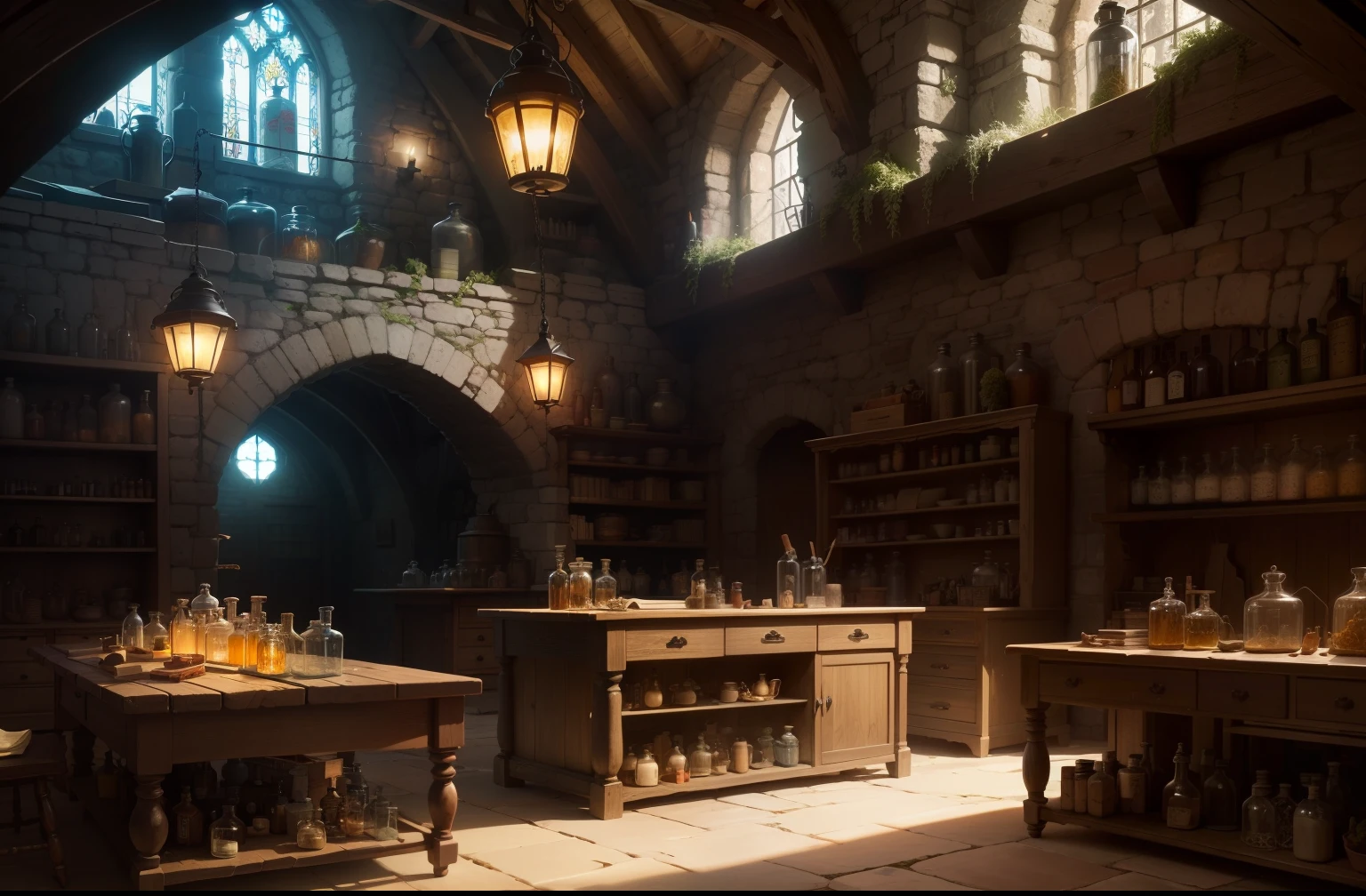 wizard's workshop, vaulted stone roof, stained glass panels, shelves with potions in bottles and jars, some kind of faint glow, work table with a complex distillation mechanism, distribution of dried herbs, strange stones, parchments, magic, fantasy