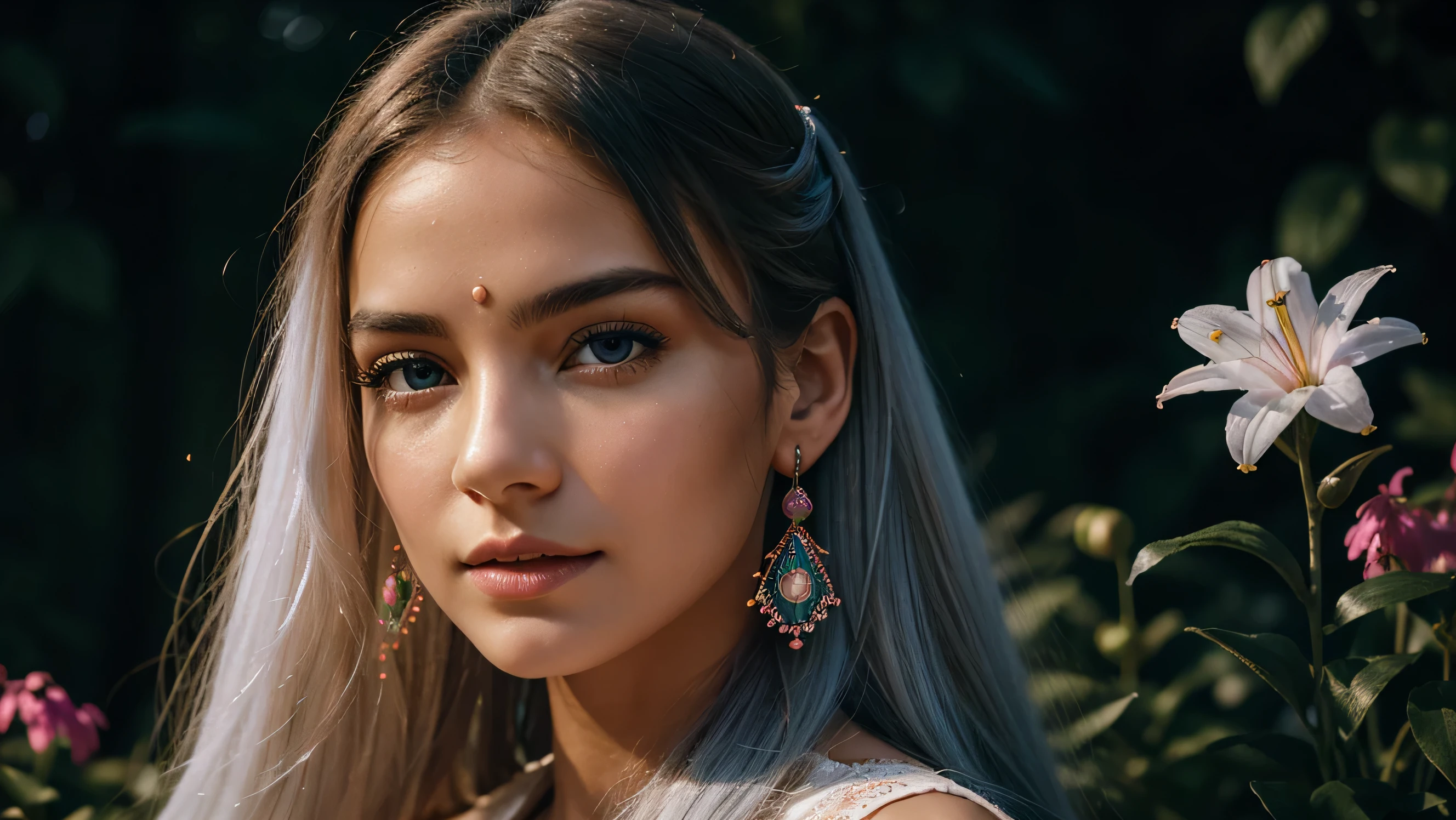 Beautiful realistic girl with BRIGHT WHITE-BLUE long hair ,Close-up of clean skin with detailed skin ,full length,in a short miniskirt,on an orange background ,Against the background of the starry sky,bright makeup,EARRINGS WITH GLITTERS,two-leaf gray flower,translucent speckled bifoliate gray,Bioluminescent - Ultra High Quality 8K Music Equalizer, High contrast, rich colors, soft light, Super detailed photos. ultra high quality 8K, High contrast, noise reduction, яркие rich colors.. high quality, 8K Ultra HD, High contrasthigh quality,мягкие close focus,very beautiful flower, translucent red lily of the valley with dew drop flower, bioluminescent flower glows and shimmers, he grows in a mysterious forest, shrouded in mystery, Сверхhigh quality 8k, High contrast, rich colors, soft light, Ultra-detailed photos. Сверхhigh quality 8k, High contrast, noise reduction, bright rich colors.. high quality, 8K Ultra HD, High contrast