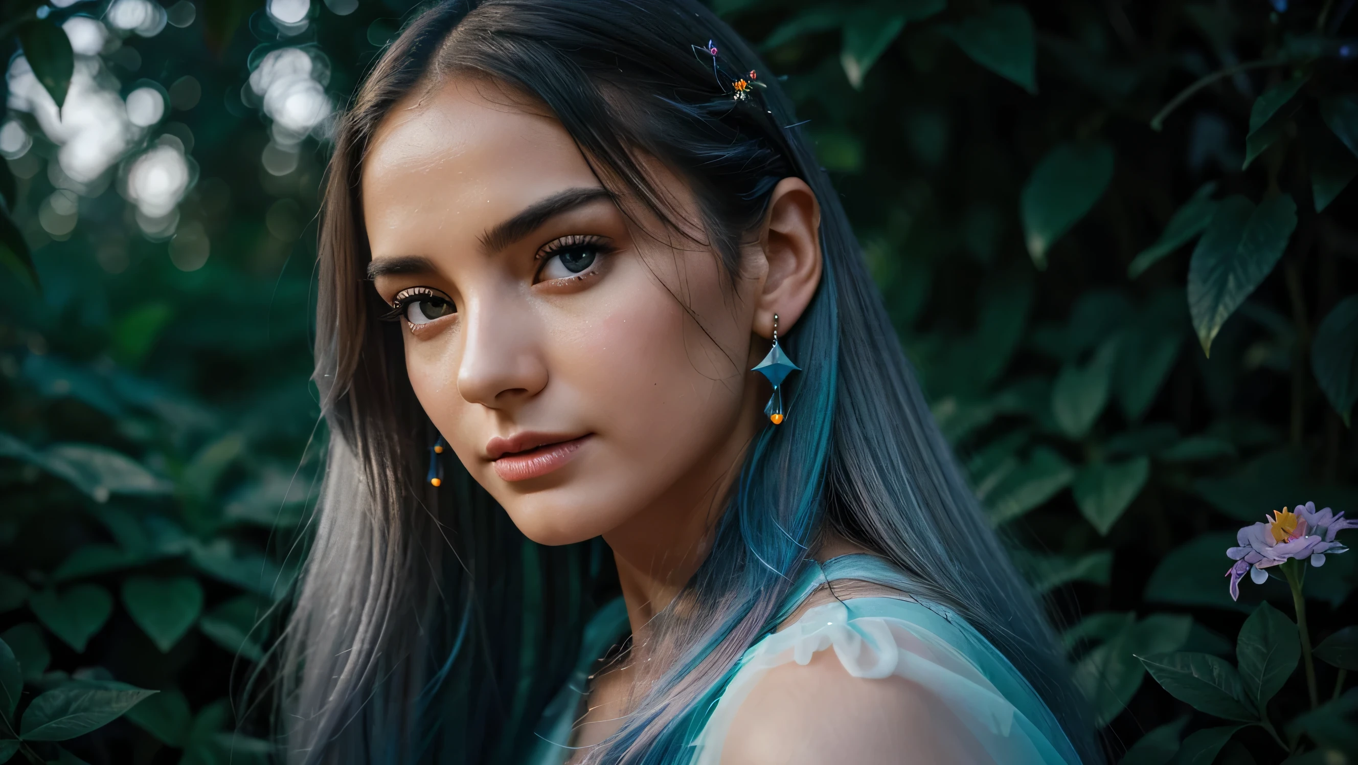Beautiful realistic girl with BRIGHT WHITE-BLUE long hair ,Close-up of clean skin with detailed skin ,full length,in a short miniskirt,on an orange background ,Against the background of the starry sky,bright makeup,EARRINGS WITH GLITTERS,two-leaf gray flower,translucent speckled bifoliate gray,Bioluminescent - Ultra High Quality 8K Music Equalizer, High contrast, rich colors, soft light, Super detailed photos. ultra high quality 8K, High contrast, noise reduction, яркие rich colors.. high quality, 8K Ultra HD, High contrasthigh quality,мягкие close focus,very beautiful flower, translucent red lily of the valley with dew drop flower, bioluminescent flower glows and shimmers, he grows in a mysterious forest, shrouded in mystery, Сверхhigh quality 8k, High contrast, rich colors, soft light, Ultra-detailed photos. Сверхhigh quality 8k, High contrast, noise reduction, bright rich colors.. high quality, 8K Ultra HD, High contrast
