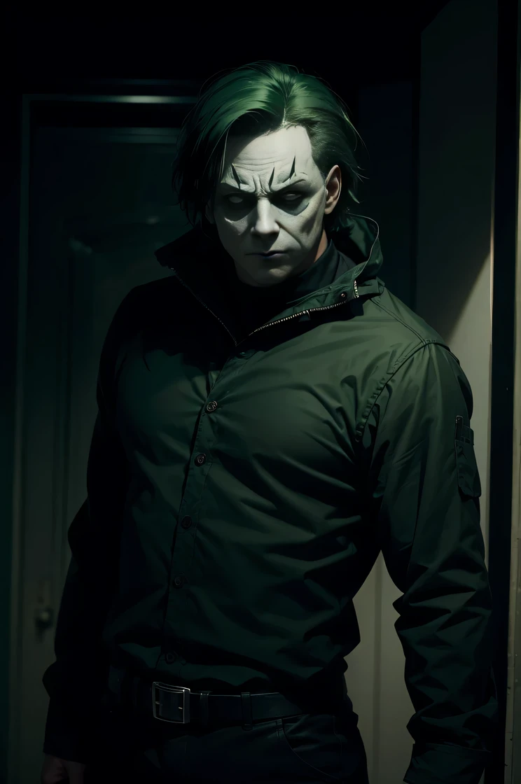 Man as MICHAEL MYERS with dark green hair and dark green and black outfit , MICHAEL MYERS mask , knife , the mask