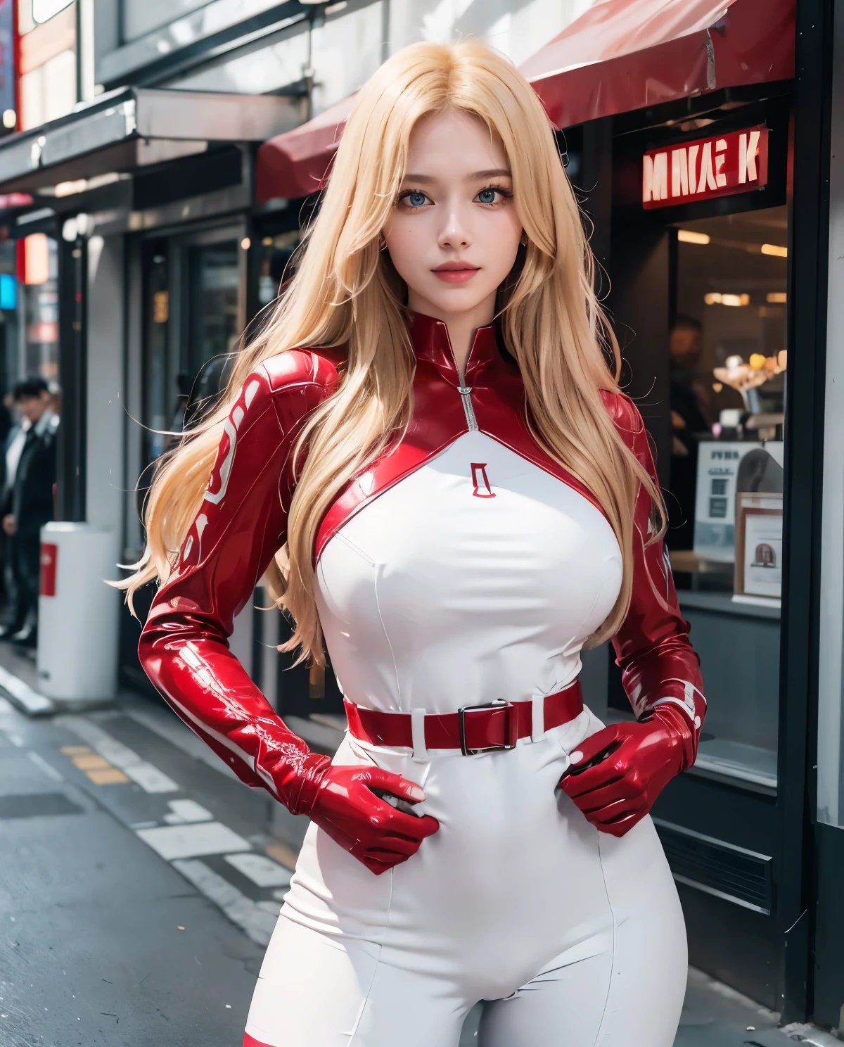 1girl, (Blue Eyes), (smiling), (Sana Minatozaki), wide hips, Big tits, big ass, (Best Quality, 8k, Masterpiece: 1.3), Clear Focus: 1.2, Perfect Body Beauty: 1.4, strong abs :1.2, Highly detailed face and skin texture, detailed eyes, double eyelids, (blond long hair :1.2), Full body suit in red color, (Thick and intricate lines drawn on the chest), Lines on the sides of the suit, a belt, The suit is red with long gloves and boots are white, (Very shiny suit), standing, dynamic pose, on the streets of shibuya tokyo japan