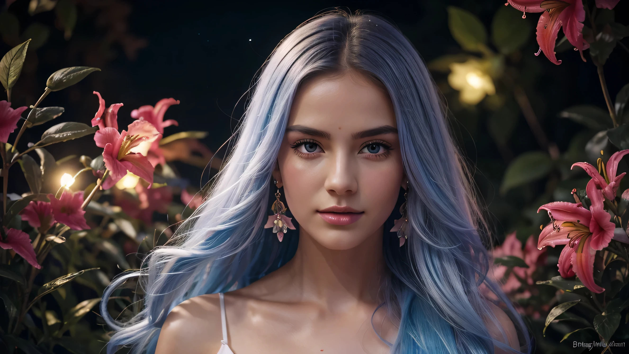 Beautiful realistic girl with BRIGHT WHITE-BLUE long hair ,Close-up of clean skin with detailed skin ,full length,in a short miniskirt,on an orange background ,Against the background of the starry sky,bright makeup,EARRINGS WITH GLITTERS,two-leaf gray flower,translucent speckled bifoliate gray,Bioluminescent - Ultra High Quality 8K Music Equalizer, High contrast, rich colors, soft light, Super detailed photos. ultra high quality 8K, High contrast, noise reduction, яркие rich colors.. high quality, 8K Ultra HD, High contrasthigh quality,мягкие close focus,very beautiful flower, translucent red lily of the valley with dew drop flower, bioluminescent flower glows and shimmers, he grows in a mysterious forest, shrouded in mystery, Сверхhigh quality 8k, High contrast, rich colors, soft light, Ultra-detailed photos. Сверхhigh quality 8k, High contrast, noise reduction, bright rich colors.. high quality, 8K Ultra HD, High contrast