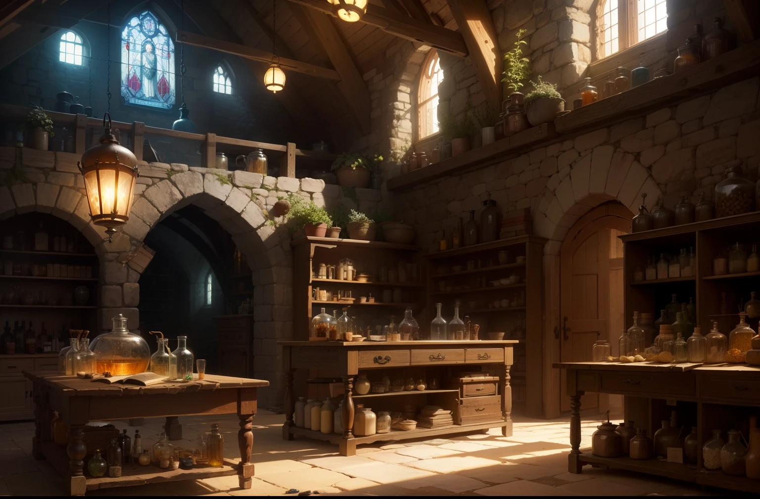 wizard's workshop, vaulted stone roof, stained glass panels, shelves with potions in bottles and jars, some kind of faint glow, work table with a complex distillation mechanism, distribution of dried herbs, strange stones, parchments, magic, fantasy