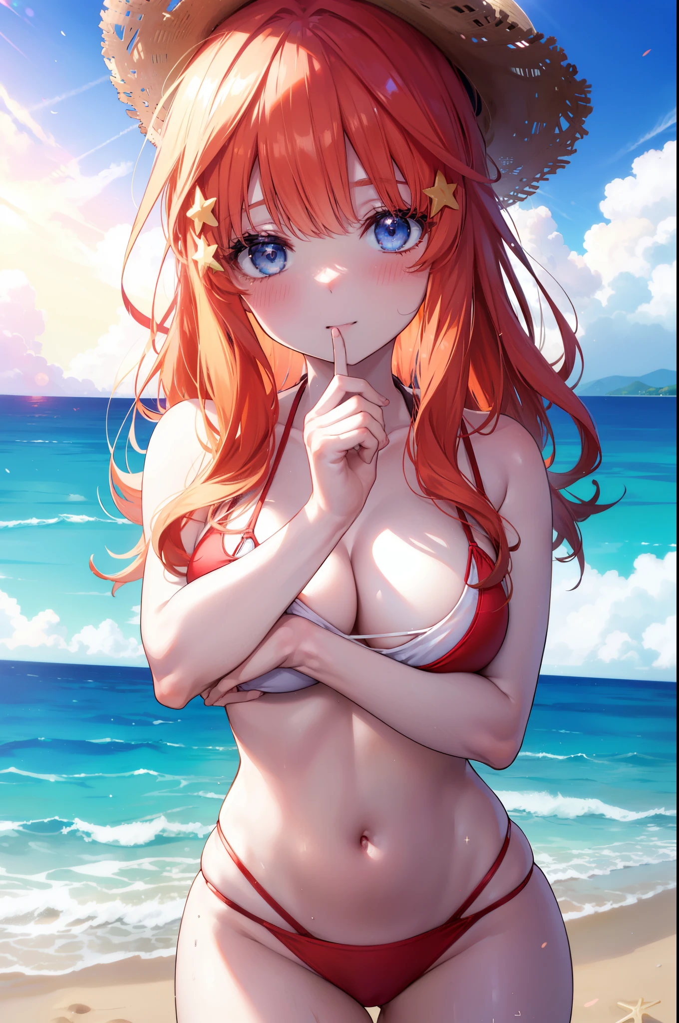 itsukinakano, Itsuki Nakano, bangs, blue eyes, hair between eyes, Ahoge, redhead, star \(symbol\), hair ornaments, star hair ornaments,blush,smiling straw hat,(beach salon), big breasts, ((salon)), beach outfit, (great laugh:1.1), (open your mouth:1.1), (wide open eyes:1.2), glare of the sun, Bokeh, Depth of the bounds written, blurred background, particles of light, strong wind, (heart particles:1.1),Red swimsuit,Palm tree,
break outdoors, sandy beach,beach,
break (masterpiece:1.2), highest quality, High resolution, unity 8k wallpaper, (figure:0.8), (detailed and beautiful eyes:1.6), highly detailed face, perfect lighting, Very detailed CG, (perfect hands, perfect anatomy),