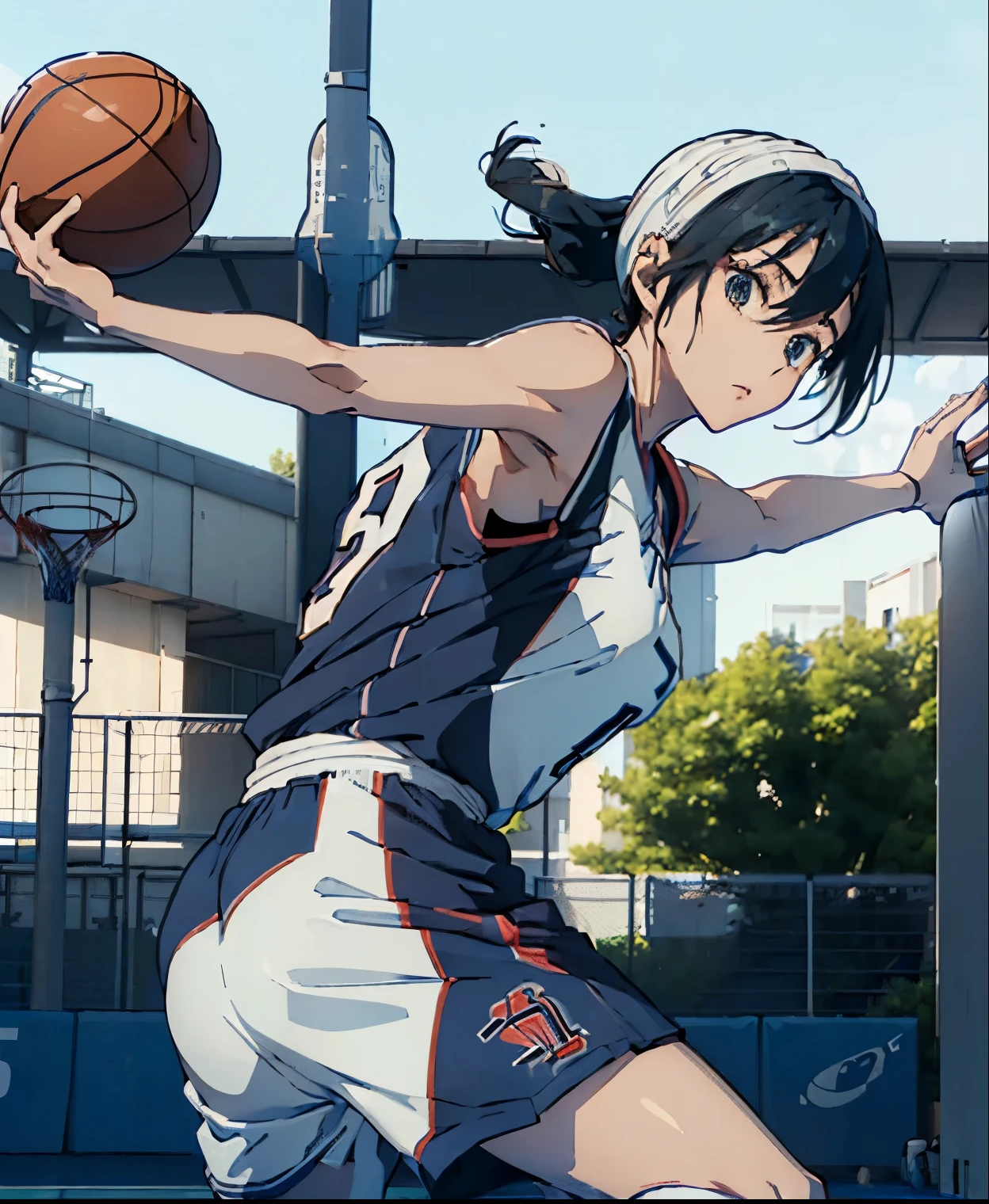 (High resolution:1.5), (3D reader:0.9), (realistic:0.9), (super high quality:1.3), (very detailed:1.3),
public space, 1girl in, Beautiful 20-year-old, blown hair, dynamic pose、focus only, catch light, (outdoor basketball court:1.5),(前の席に座っているgirl:1.5)、(Flasher can see through:1.5)、(summer:1.3),(sweating), (play basketball:1.5)、(left window and sky:1.3)、(Rear view:1.4)、cross eyesil, extra detailed body, , girl,woman,woman, young,hi-school girl,20-year-old, delicate beautiful face, delicate hands, (cleavage:1.0), (Day, bloom, (basketball uniform)、(NSFW:1.1),girlの後ろ姿、I can see your pants