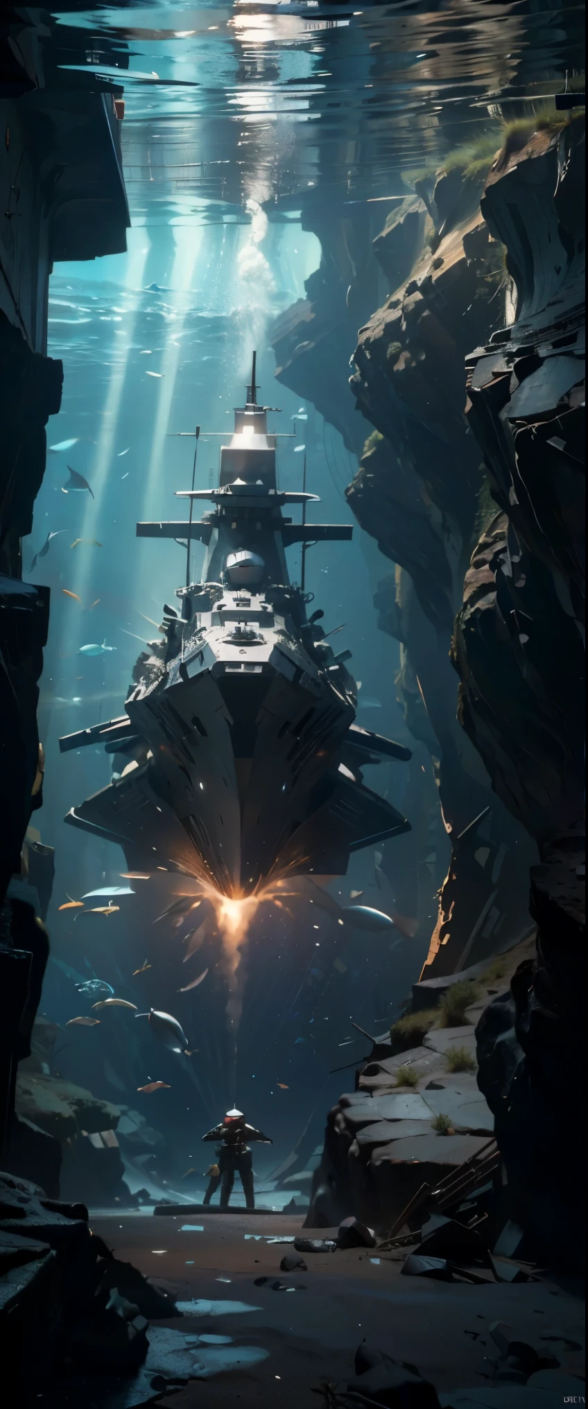 ((masterpiece, top quality, highest quality, high resolution, graphic, raw photo, 8K)), Ancient battleship on the ocean floor is now a playground for fish, Underwater Photography, deep sea bottom, tilted and sunken hole in the battleship,