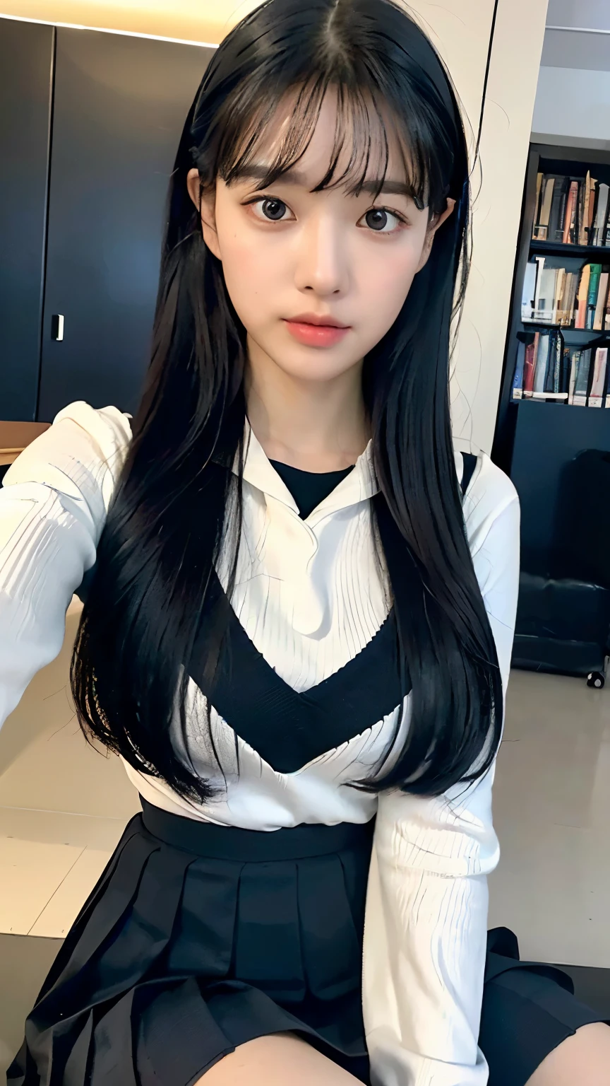 ((realistic lighting, highest quality, 8k, masterpiece, medium shot: 1.3)), low angle view、clear focus: 1.2, 1 girl, perfect figure: 1.4, plump bust,((long black hair)),((With bangs)), (white long sleeve sweatshirt:1.4),at the library, sitting on a chaise longue,moderately thin calves,moderately thin thighs,exposed thighs,black knee high socks,The entire body is shown,super detailed face, double eyelid,Navy pleated miniskirt worn by high school girls,Taking a selfie with a black smartphone in his left hand,Your face is hidden by your smartphone