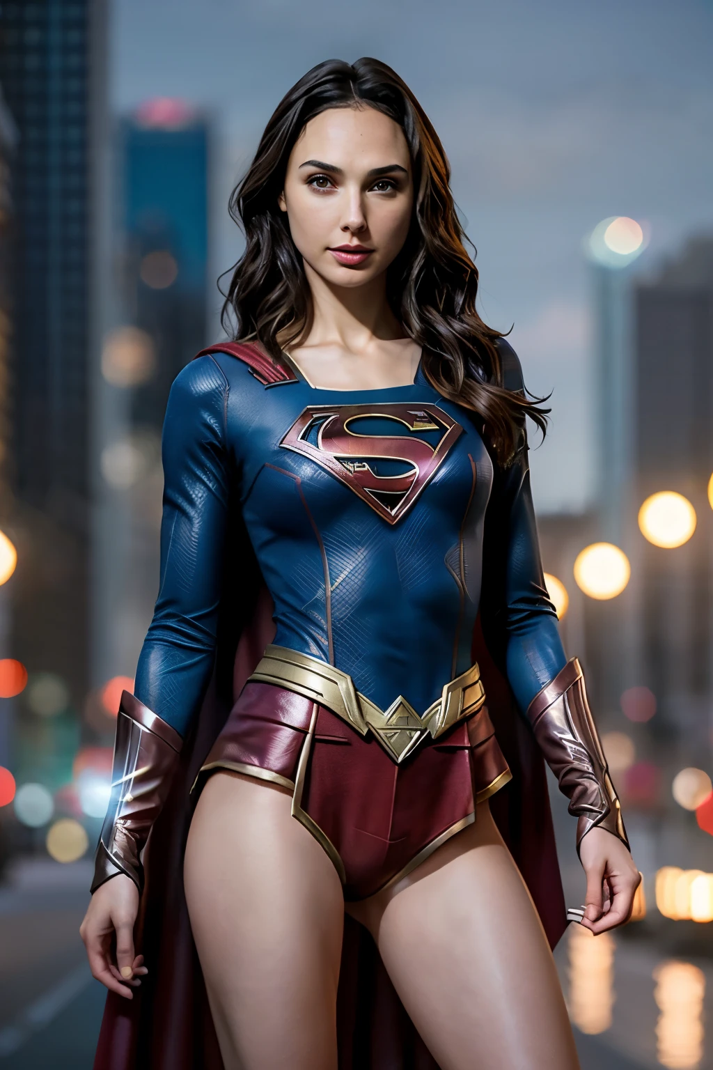 Gal Gadot, magnifique jeune femme, 25 ans, shorts, Cosplay Supergirl, thigh gap, mince, flat chest, Realistic lighting, Dusk, bokeh particules, ultra realistic, perfect quality
