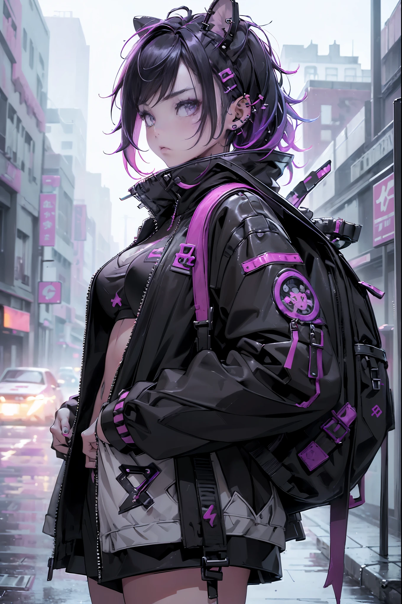 (highest quality、8k、32K、masterpiece、nffsw:1.3)、(Photoreal:1.4),(View from the front,looking at viewer1.5)、18-year-old punk girl,eccentric punk hair,(Multiple piercings on face1.5)、((Black and shocking red punk fashion 1.5)),clothes with studs、(Hug a large stuffed rabbit in front of your chest 1.5)、black backpack on the back、（one with bright black and pink hair.5）,Wacky makeup、、dark background、Desolate city in the rain、puddle on the road、(cinematic lighting)、Depth of the bounds written,blurred background、
