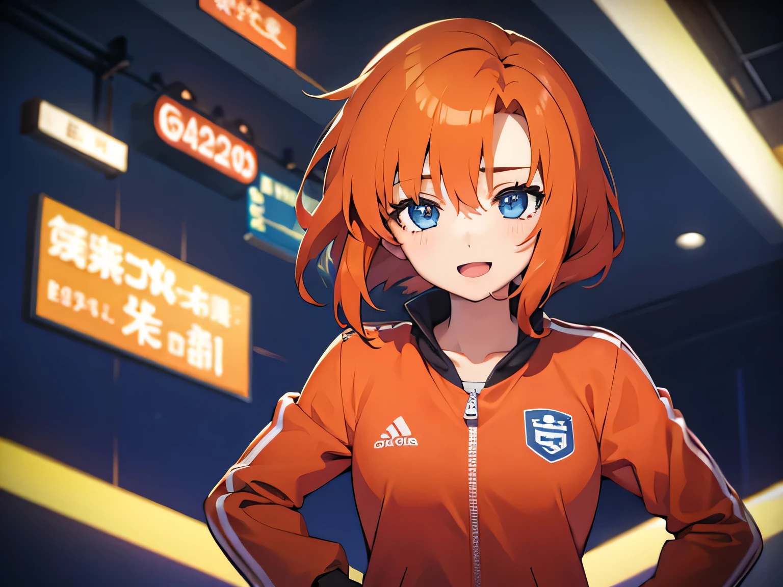 1 girl, Rûuguu horseradish, orange medium hair, Blue eyes, sports suit, hands in pockets