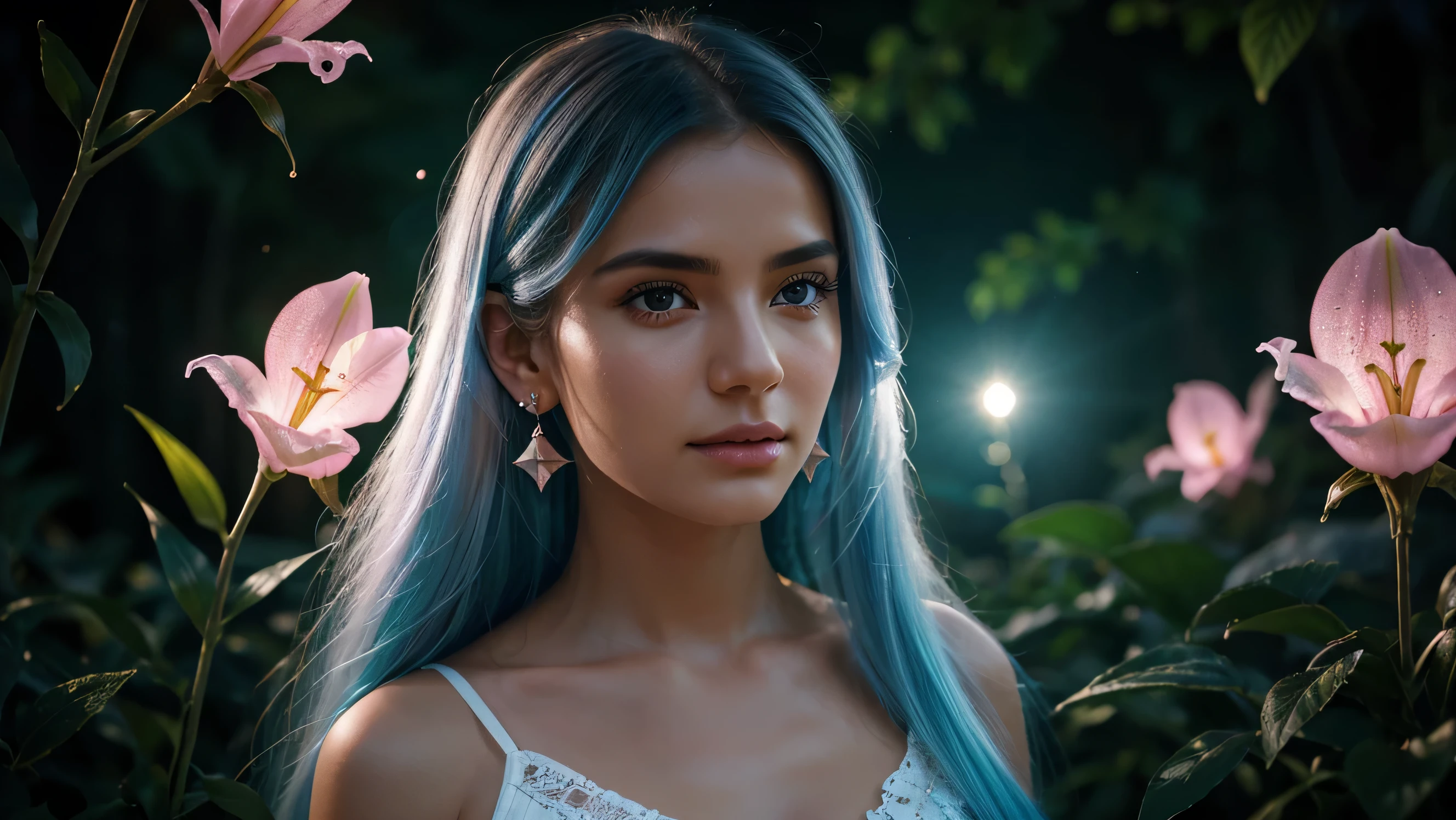 Beautiful realistic girl with BRIGHT WHITE-BLUE long hair ,Close-up of clean skin with detailed skin ,full length,in a short miniskirt,on an orange background ,Against the background of the starry sky,bright makeup,EARRINGS WITH GLITTERS,two-leaf gray flower,translucent speckled bifoliate gray,Bioluminescent - Ultra High Quality 8K Music Equalizer, High contrast, rich colors, soft light, Super detailed photos. ultra high quality 8K, High contrast, noise reduction, яркие rich colors.. high quality, 8K Ultra HD, High contrasthigh quality,мягкие close focus,very beautiful flower, translucent red lily of the valley with dew drop flower, bioluminescent flower glows and shimmers, he grows in a mysterious forest, shrouded in mystery, Сверхhigh quality 8k, High contrast, rich colors, soft light, Ultra-detailed photos. Сверхhigh quality 8k, High contrast, noise reduction, bright rich colors.. high quality, 8K Ultra HD, High contrast