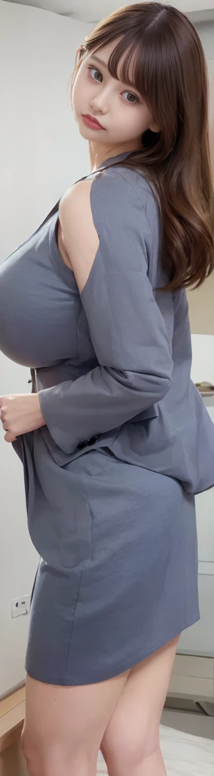(highest quality, masterpiece:1.2), white background, (非常に大きい顔よりhuge breasts:1.82), (very big ass:1.65), realistic, big breasts, huge breasts, huge waist, thick, small waist, long legs, thick thighs, Fair skin, rosy cheeks, porcelain skin, white t-shirt, crew neck dress, closed neck dress,navy blue tight skirt:1.65, (light blue business jacket:1.2), (black hair:1.2), Big eyes, small face, (thin eyebrows:1.2),Cute round face, Beautiful woman, smile, eyelash, highly detailed face, (deep double eyelids), (slightly narrowed eyes), (cod lips:1.85), Are standing, japanese goddess, japanese actress, japanese model, ((Very precise and accurate anatomy)), look at the audience