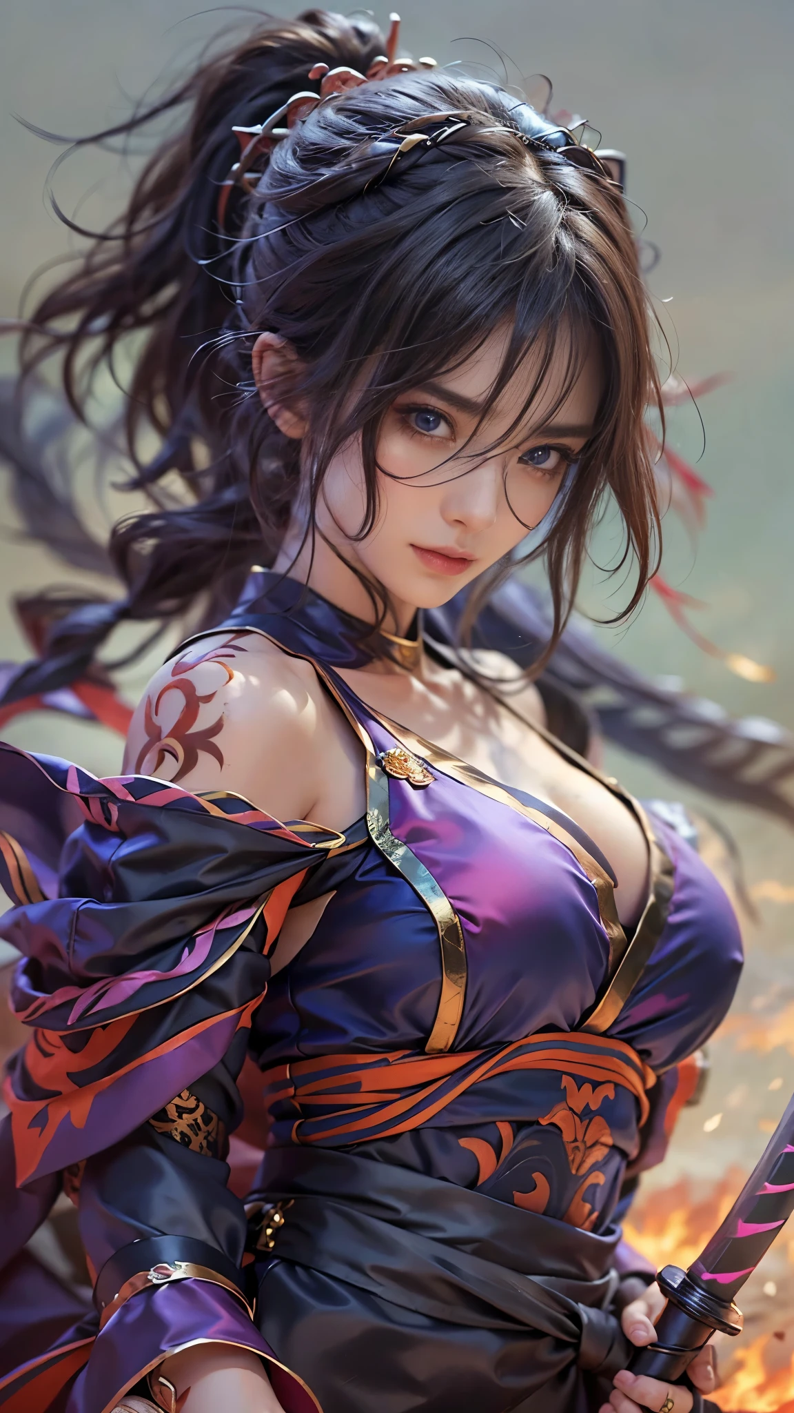 (RAW shooting, Photoreal:1.5, 8k, highest quality, masterpiece, ultra high resolution), Sengoku, fire事, いたるところで燃え上がる戦fire:1.3, perfect dynamic composition:1.2, Highly detailed skin and facial textures:1.2, Slim female ninja with a sharp dagger:1.3, Fight:1.2, beautiful and aesthetic:1.2, sexy beauty, perfect style, wear elaborate rings, fire, water, Wind, thunder, ice, Fair skin, very beautiful face, (Medium chest, Chest gap), (embarrassing smile, The expression on your face when you feel intense caress, Facial expression when feeling pleasure), (wearing a sexy ninja costume:1.2, off shoulder:1.1), (beautiful blue eyes, Eyes that feel beautiful eros:0.8), (Too erotic:0.9, Bewitching:0.9), full body shot