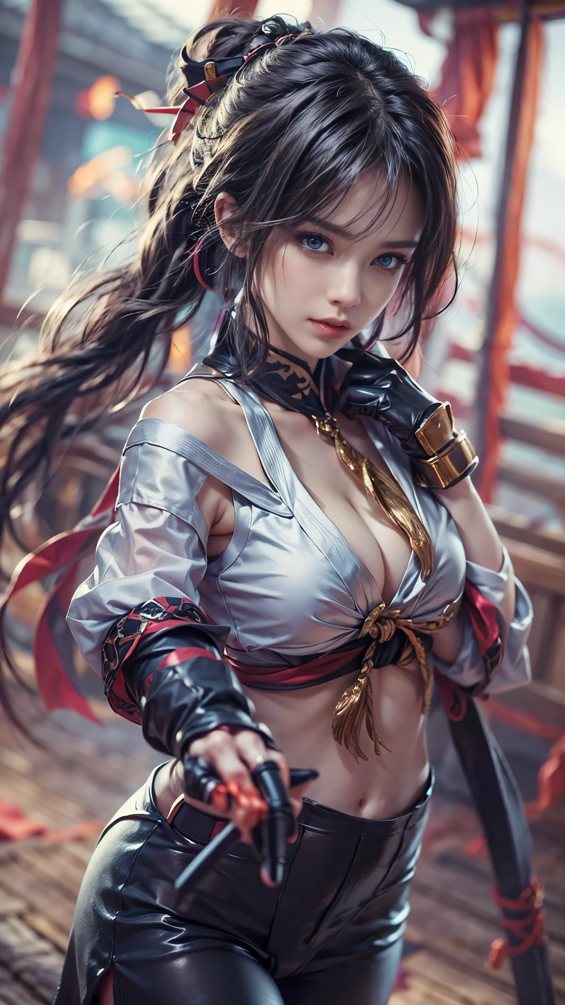 (RAW shooting, Photoreal:1.5, 8k, highest quality, masterpiece, ultra high resolution), Sengoku, fire事, いたるところで燃え上がる戦fire:1.3, perfect dynamic composition:1.2, Highly detailed skin and facial textures:1.2, Slim female ninja with a sharp dagger:1.3, Fight:1.2, beautiful and aesthetic:1.2, sexy beauty, perfect style, wear elaborate rings, fire, water, Wind, thunder, ice, Fair skin, very beautiful face, (Medium chest, Chest gap), (embarrassing smile, The expression on your face when you feel intense caress, Facial expression when feeling pleasure), (wearing a sexy ninja costume:1.2, off shoulder:1.1), (beautiful blue eyes, Eyes that feel beautiful eros:0.8), (Too erotic:0.9, Bewitching:0.9), full body shot