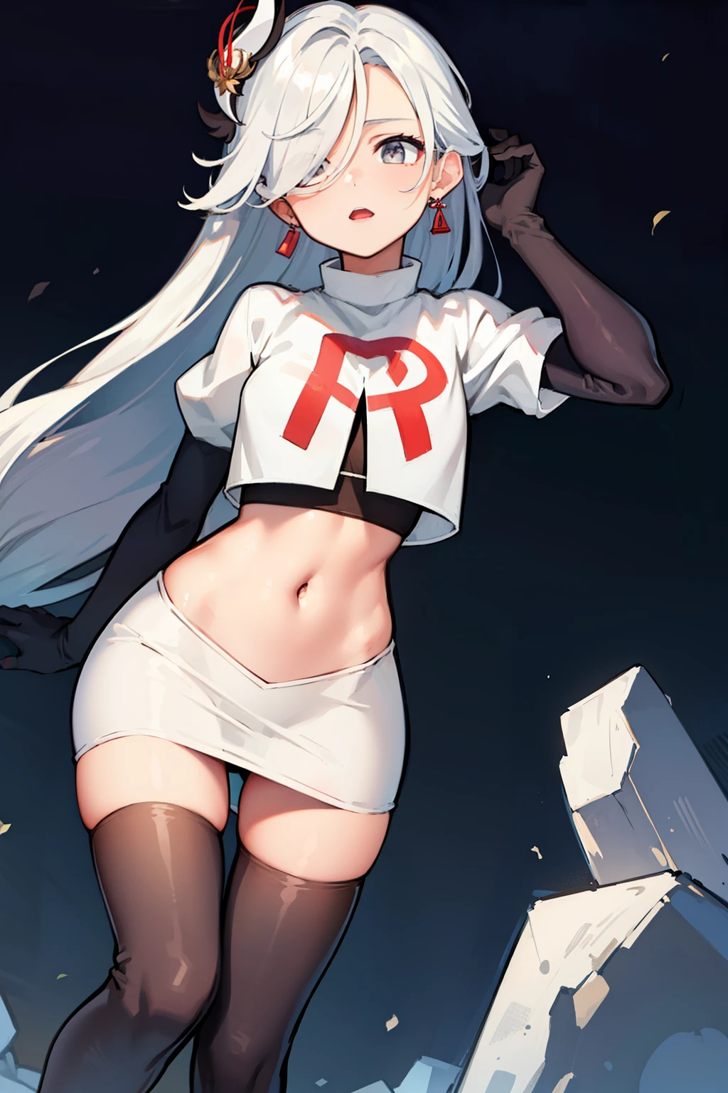 masterpiece, best quality, shenhe \(genshin impact\),hair over one eye, grey eyes, long hair, 1girl, solo, earrings, hair ornament, team rocket,team rocket uniform, red letter R, white skirt,white crop top,black thigh-highs,black elbow gloves