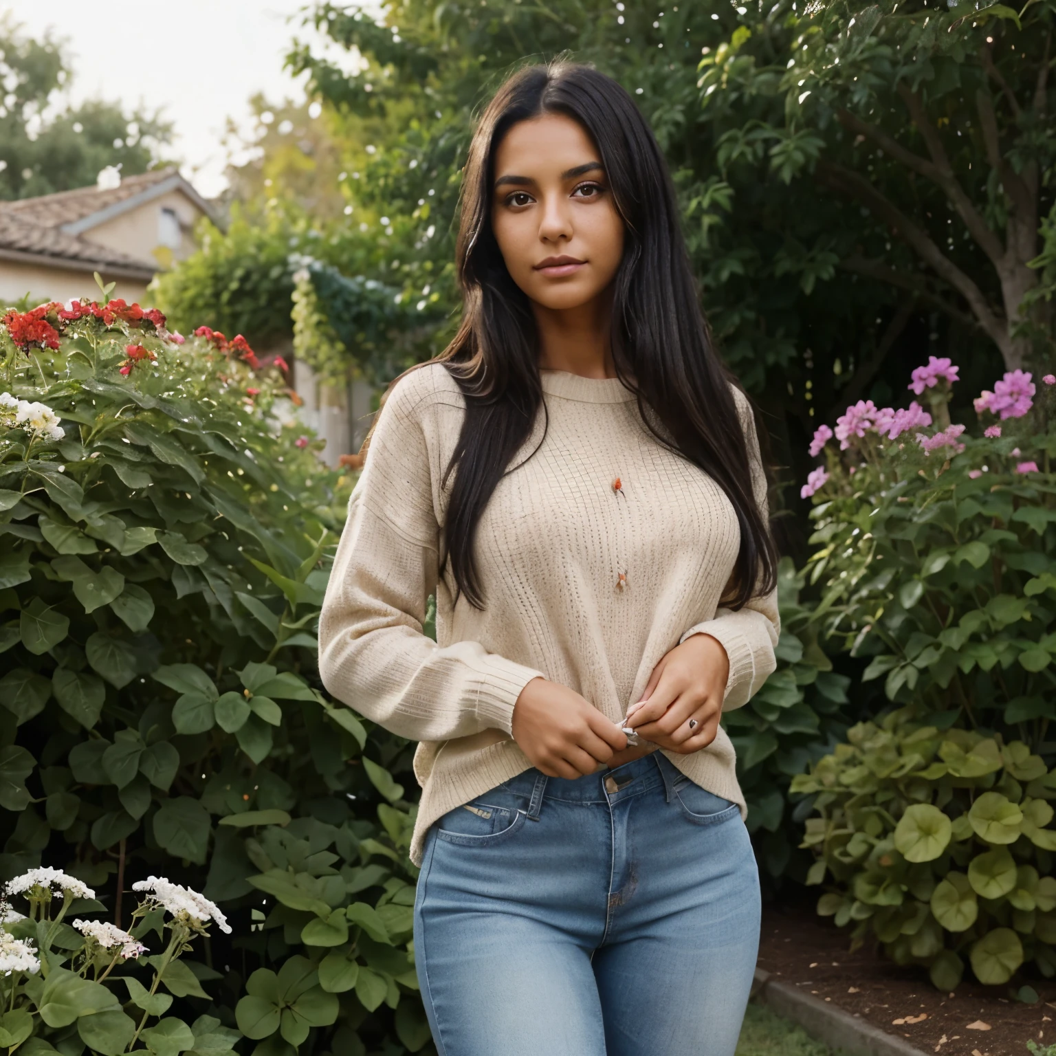 A full body portrait of a Tanned girl, with tall, black hair, green eyes, and a mole on her left cheek ,In the garden she picks flowers، wearing jeans and a sweater