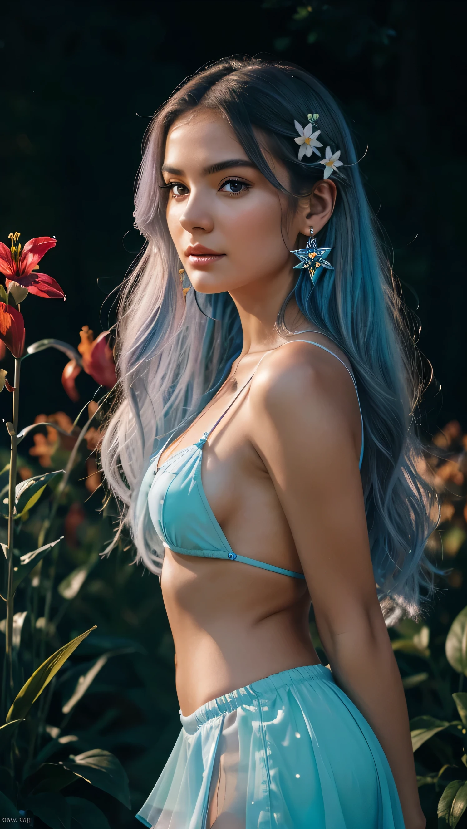 Beautiful realistic girl with BRIGHT WHITE-BLUE long hair ,Close-up of clean skin with detailed skin ,full length,in a short miniskirt,on an orange background ,Against the background of the starry sky,bright makeup,EARRINGS WITH GLITTERS,two-leaf gray flower,translucent speckled bifoliate gray,Bioluminescent - Ultra High Quality 8K Music Equalizer, High contrast, rich colors, soft light, Super detailed photos. ultra high quality 8K, High contrast, noise reduction, яркие rich colors.. high quality, 8K Ultra HD, High contrasthigh quality,мягкие close focus,very beautiful flower, translucent red lily of the valley with dew drop flower, bioluminescent flower glows and shimmers, he grows in a mysterious forest, shrouded in mystery, Сверхhigh quality 8k, High contrast, rich colors, soft light, Ultra-detailed photos. Сверхhigh quality 8k, High contrast, noise reduction, bright rich colors.. high quality, 8K Ultra HD, High contrast