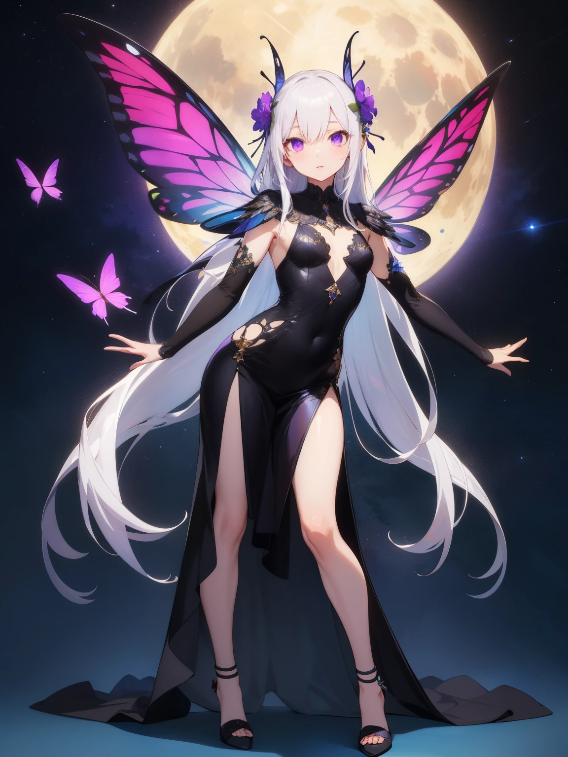 (masterpiece), best quality, (SHARP details), 4k, expressive eyes, SHARP detail expressive eyes, (SHARP detail perfect face), (long white hair), butterfly wings (fairy), detailed and purple wings, small breasts,  night, glowing fairy dust, (wearing tight, black dress), (full body image), purple eyes, detailed perfect face, detailed perfect hands, detailed perfect fingers, (flying), detailed background, moon, trees, nightsky, (single flower in hair),