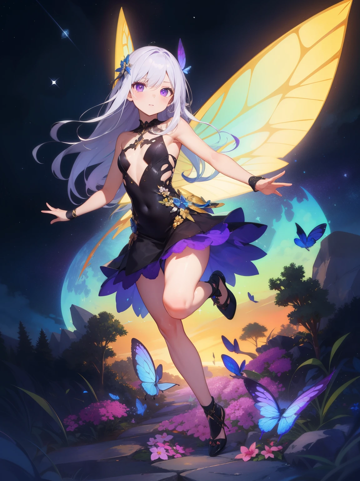 (masterpiece), best quality, (SHARP details), 4k, expressive eyes, SHARP detail expressive eyes, (SHARP detail perfect face), (long white hair), butterfly wings (fairy), detailed and purple wings, small breasts,  night, glowing fairy dust, (wearing tight, black dress), (full body image), purple eyes, detailed perfect face, detailed perfect hands, detailed perfect fingers, (flying), detailed background, moon, trees, nightsky, (single flower in hair),