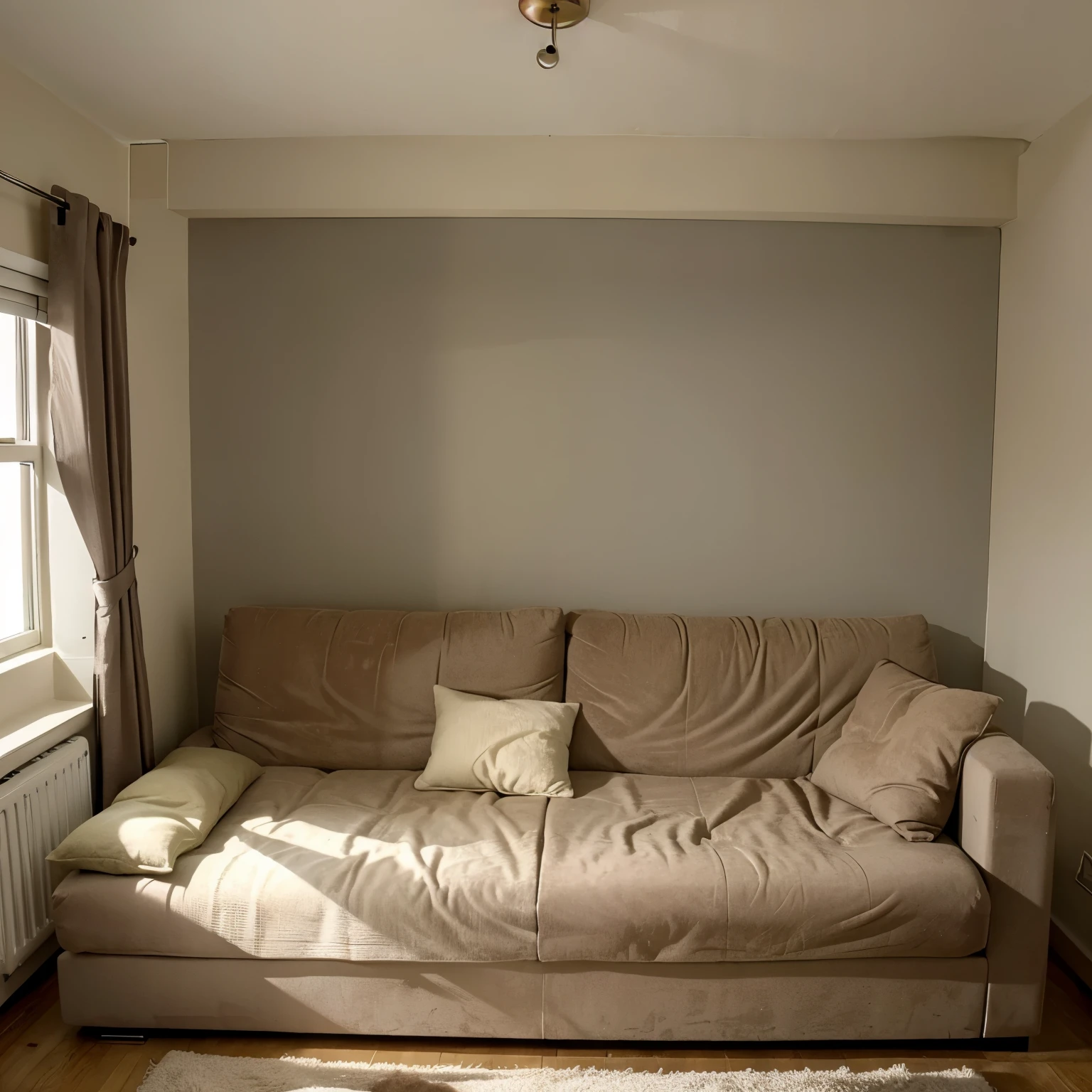 I want a modern and practical room for two women with a sofa bed that transforms into a double bed when you open it with a Muslim prayer corner, help me