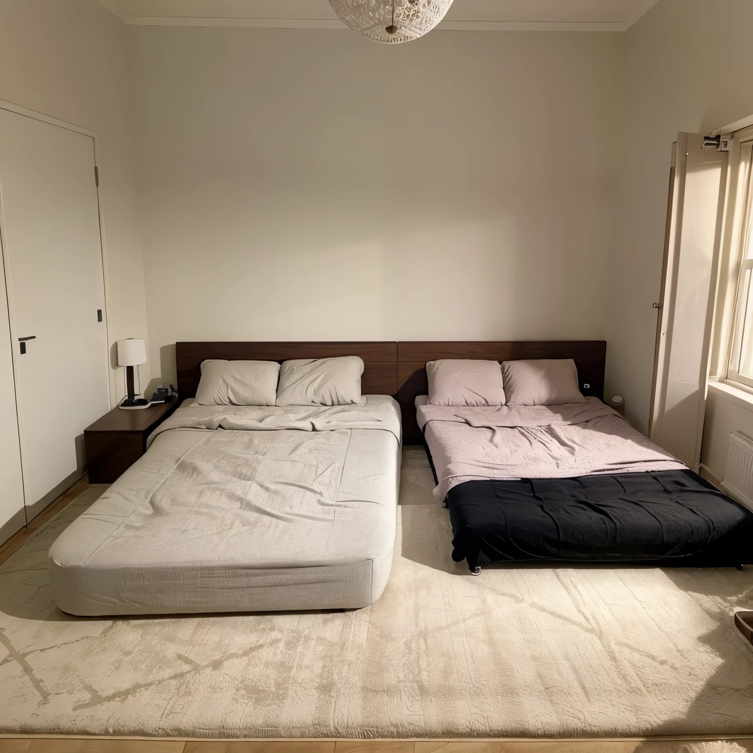 I want a modern and practical room for two women with a sofa bed that transforms into a double bed when you open it with a Muslim prayer corner, help me