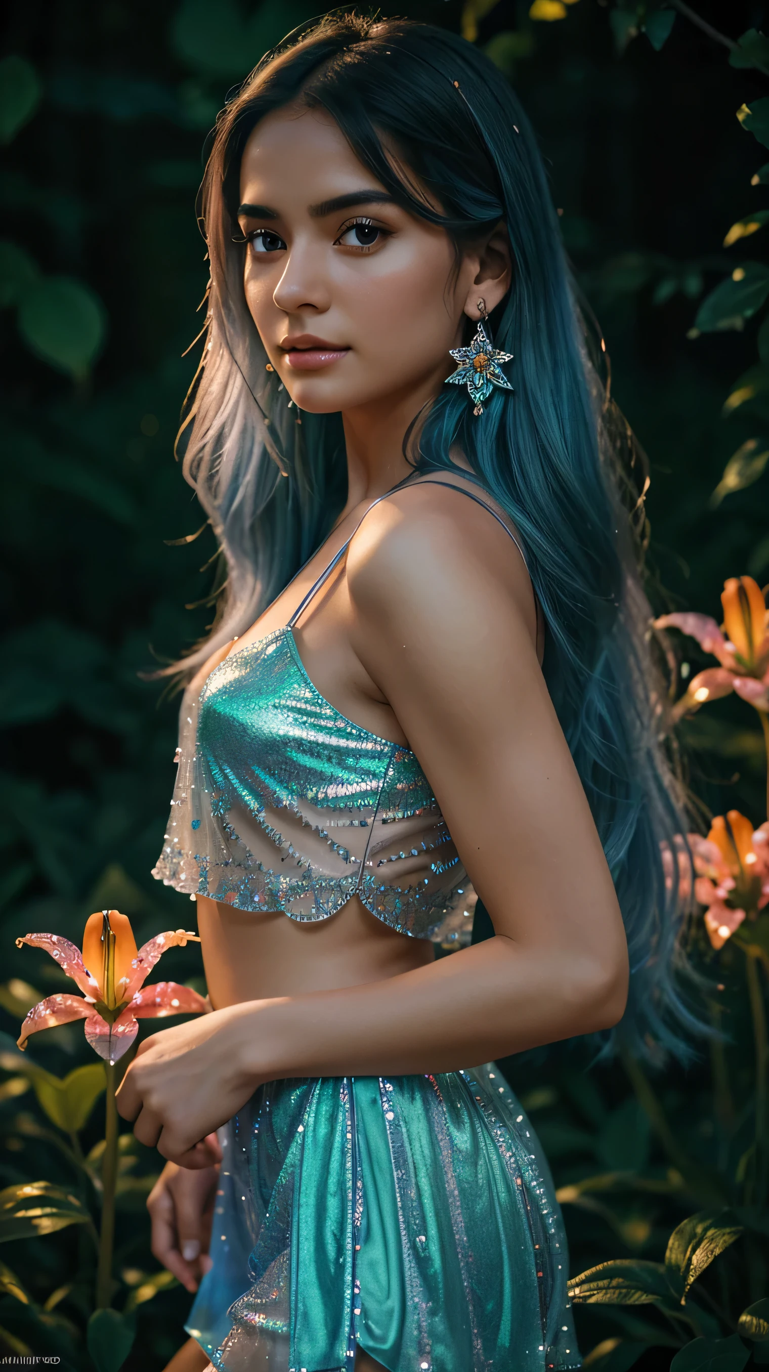 Beautiful realistic girl with BRIGHT WHITE-BLUE long hair ,Close-up of clean skin with detailed skin ,full length,in a short miniskirt,on an orange background ,Against the background of the starry sky,bright makeup,EARRINGS WITH GLITTERS,two-leaf gray flower,translucent speckled bifoliate gray,Bioluminescent - Ultra High Quality 8K Music Equalizer, High contrast, rich colors, soft light, Super detailed photos. ultra high quality 8K, High contrast, noise reduction, яркие rich colors.. high quality, 8K Ultra HD, High contrasthigh quality,мягкие close focus,very beautiful flower, translucent red lily of the valley with dew drop flower, bioluminescent flower glows and shimmers, he grows in a mysterious forest, shrouded in mystery, Сверхhigh quality 8k, High contrast, rich colors, soft light, Ultra-detailed photos. Сверхhigh quality 8k, High contrast, noise reduction, bright rich colors.. high quality, 8K Ultra HD, High contrast