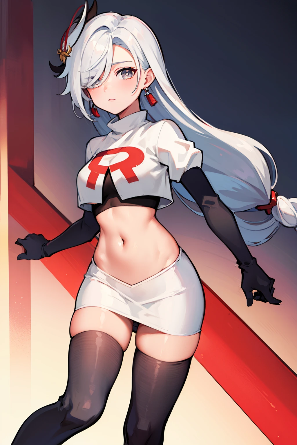 masterpiece, best quality, shenhe \(genshin impact\),hair over one eye, grey eyes, long hair, 1girl, solo, earrings, hair ornament, team rocket,team rocket uniform, red letter R, white skirt,white crop top,black thigh-highs,black elbow gloves