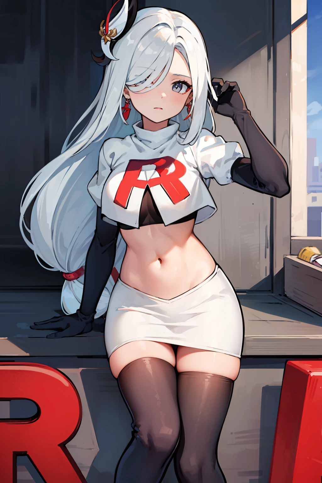 masterpiece, best quality, shenhe \(genshin impact\),hair over one eye, grey eyes, long hair, 1girl, solo, earrings, hair ornament, team rocket,team rocket uniform, red letter R, white skirt,white crop top,black thigh-highs,black elbow gloves