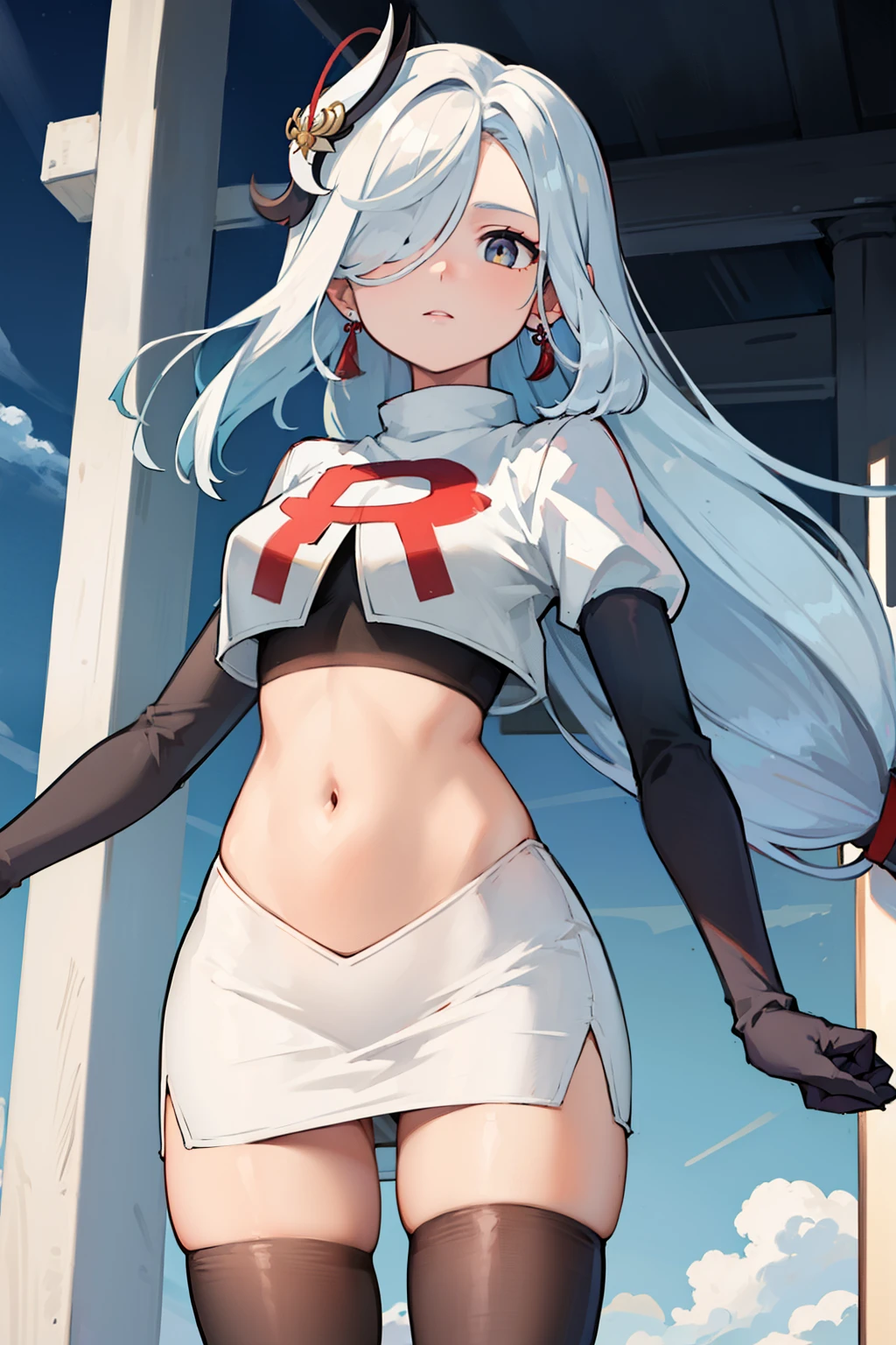masterpiece, best quality, shenhe \(genshin impact\),hair over one eye, grey eyes, long hair, 1girl, solo, earrings, hair ornament, team rocket,team rocket uniform, red letter R, white skirt,white crop top,black thigh-highs,black elbow gloves