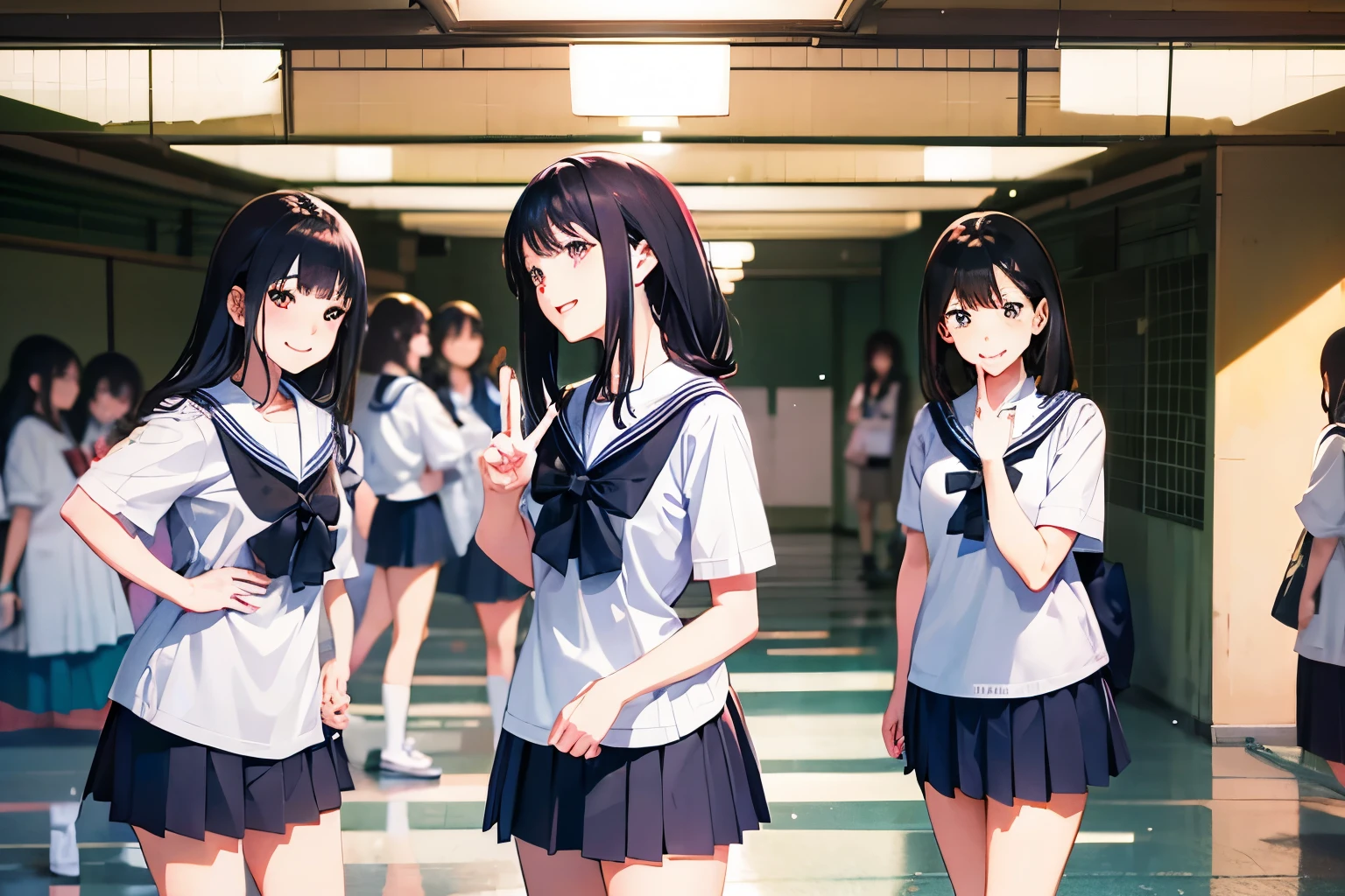 there are four girls posing in a school hallway, Japanese high school, 4A female high school student is making a peace sign, 4person has black hair, shy smile, four girls are all black hair, various poses, 8k)), 2D anime style, laugh shyly, picture, Kyoto animation style, beautiful images, Japanese high school, high resolution