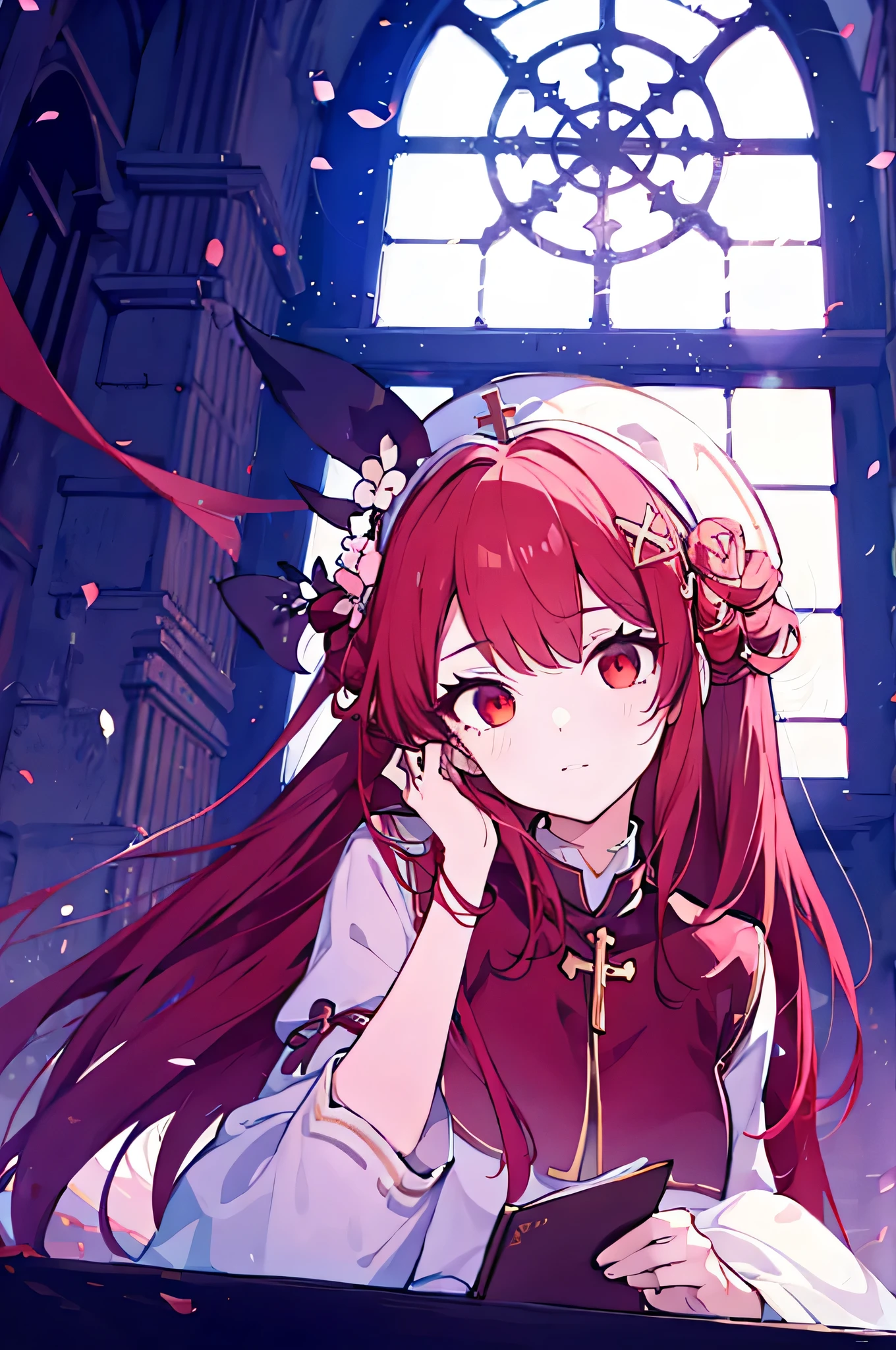 1 girl, redhead, focus only, clearly, red eyes, very long hair, Stall, priest, bishojo, church