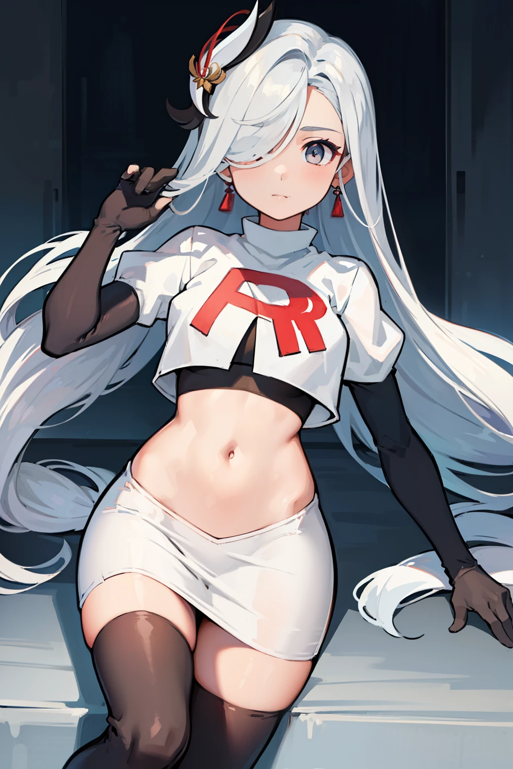 masterpiece, best quality, shenhe \(genshin impact\),hair over one eye, grey eyes, long hair, 1girl, solo, earrings, hair ornament, team rocket,team rocket uniform, red letter R, white skirt,white crop top,black thigh-highs,black elbow gloves