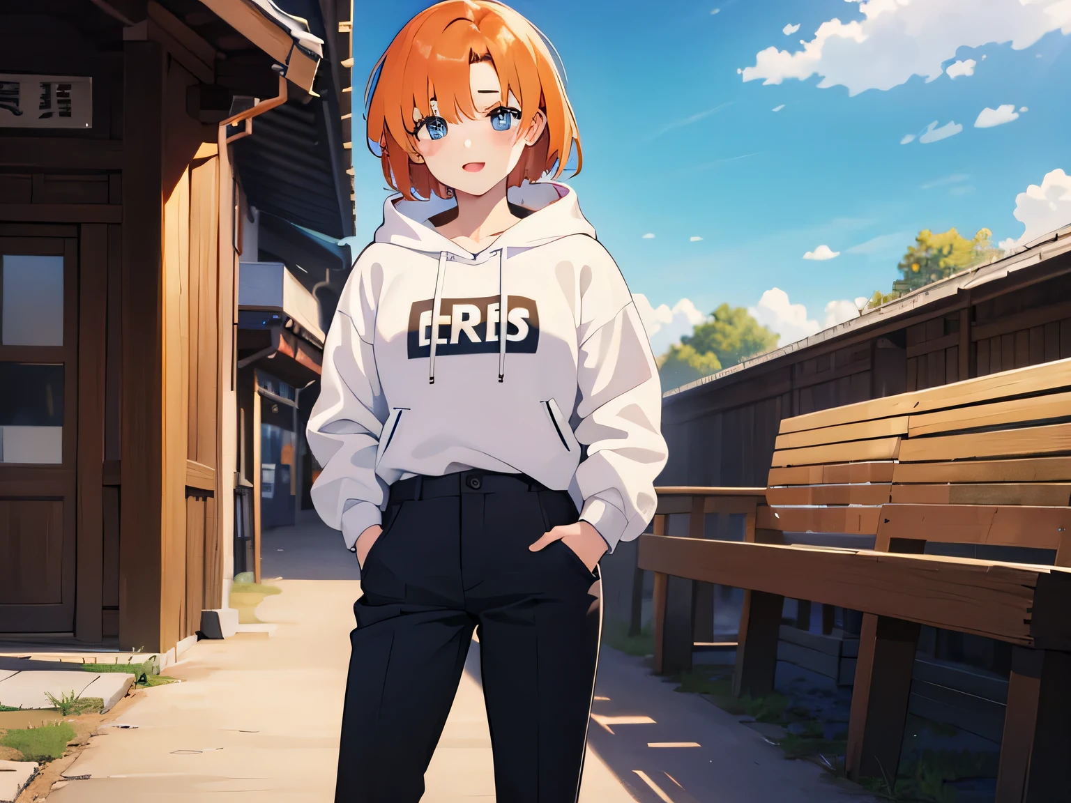 (1 girl), Rûuguu horseradish, orange medium hair, Blue eyes, trousers, hoodie, hands in pockets